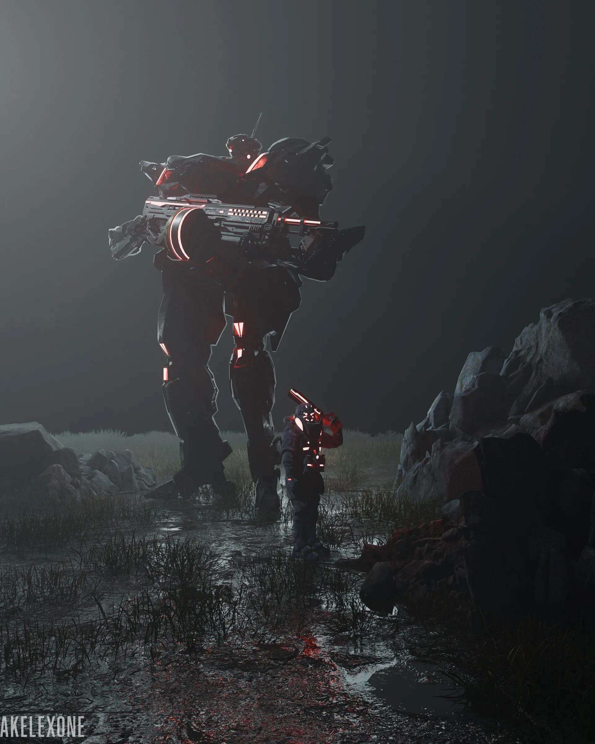 A tall dark mech with glowing red lights and a large arm cannon stands in grey fog on a wet, grassy field, with a small armored figure beside its leg and a large boulder on the right.