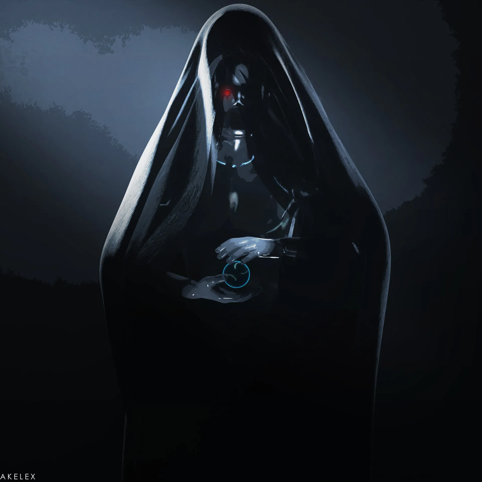 A figure shrouded in a long glossy black hooded robe, with a masked face showing one glowing red eye, holds its hands around a small glowing blue ring in front of a dark blue background.