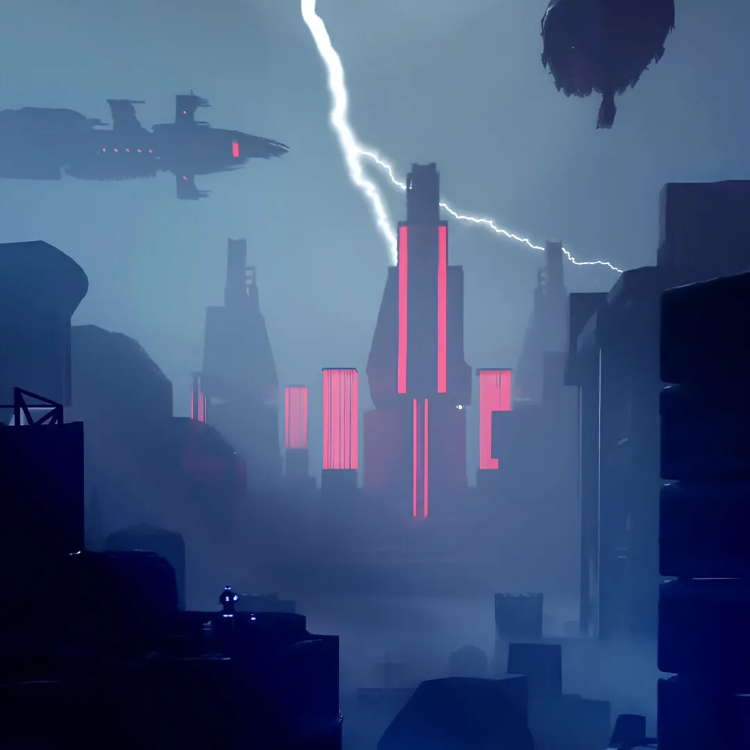 A foggy blue city of tall dark buildings with vertical pink neon lights, a bright lightning bolt striking behind the central tower, and a long spaceship flying in the upper left.