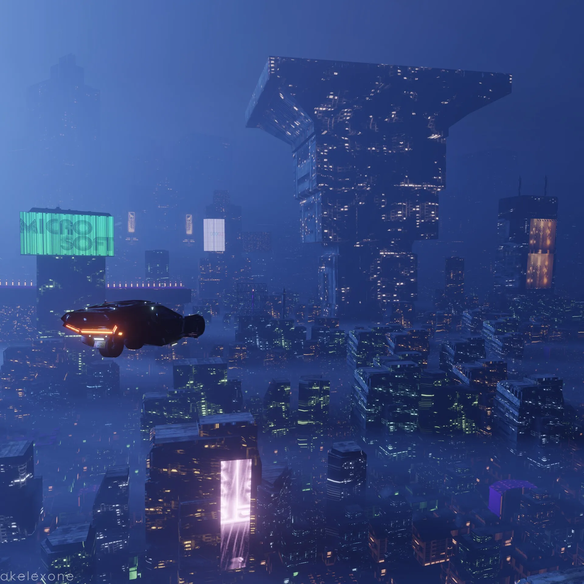 A dark blue foggy city at night seen from above, with a flying car with orange lights on the left, a huge tower with a wide flat top in the center, lit windows, neon signs and a bright pink glowing billboard below.