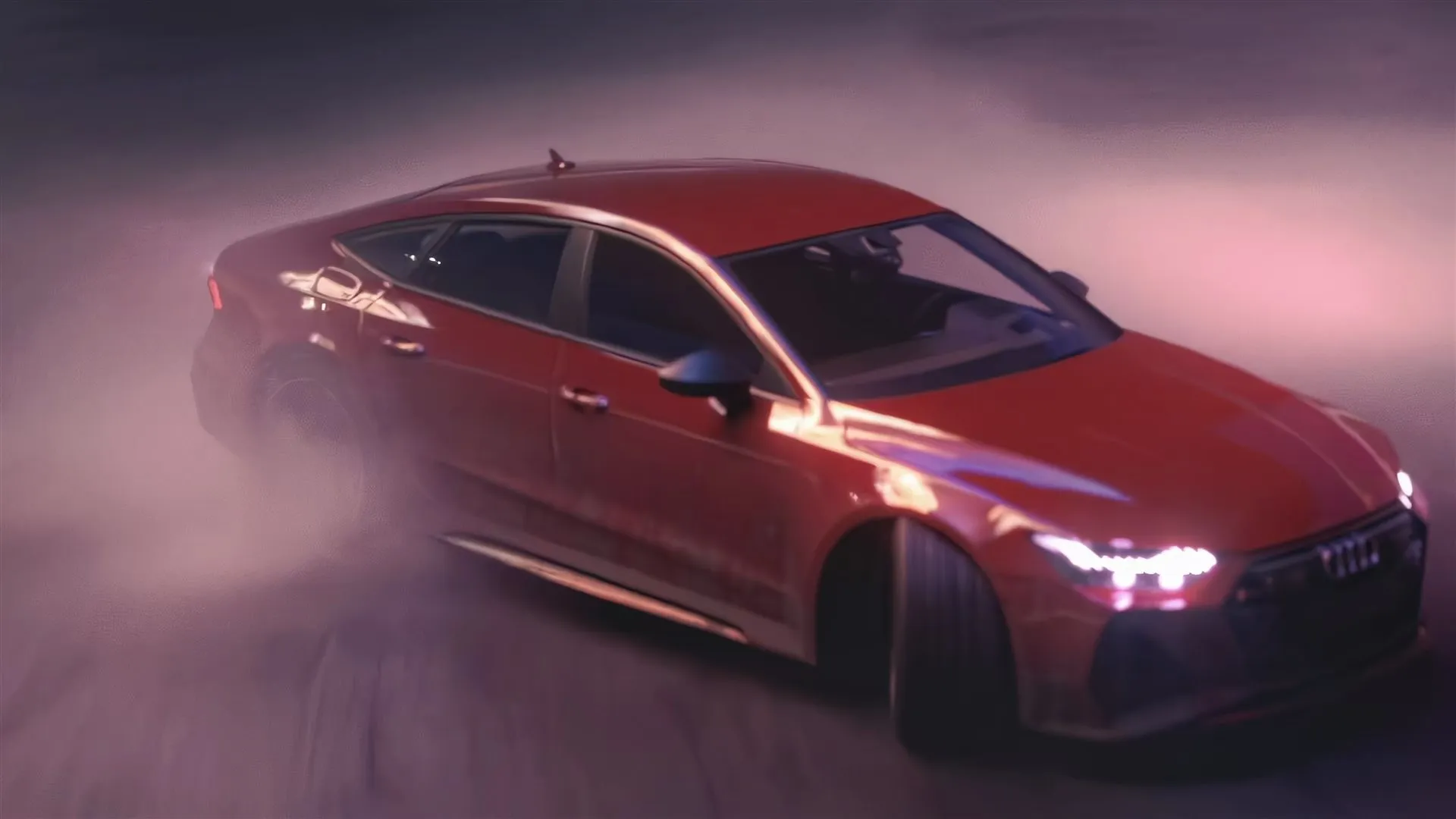 A red Audi RS7 sportback drifts at an angle with its headlights on, surrounded by clouds of tyre smoke lit in pink and purple.