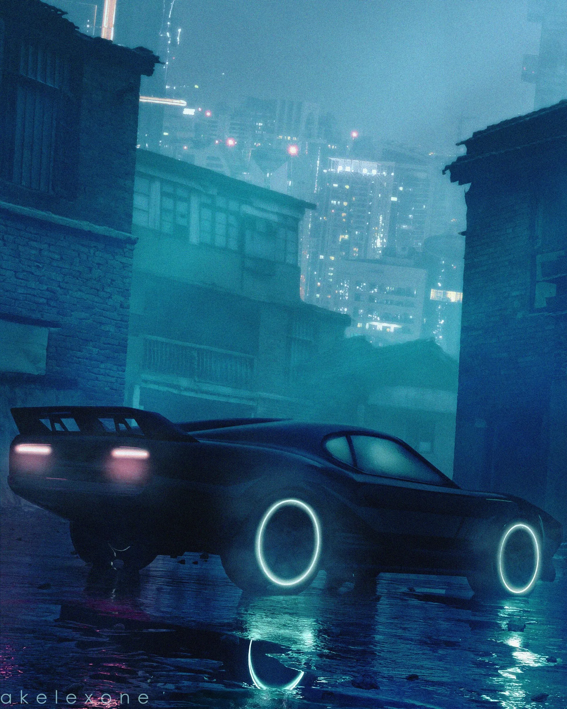 A dark sports car with glowing white rings around its wheels and pink tail lights on a wet reflective street between old brick buildings, with a foggy teal city skyline lit up behind them.