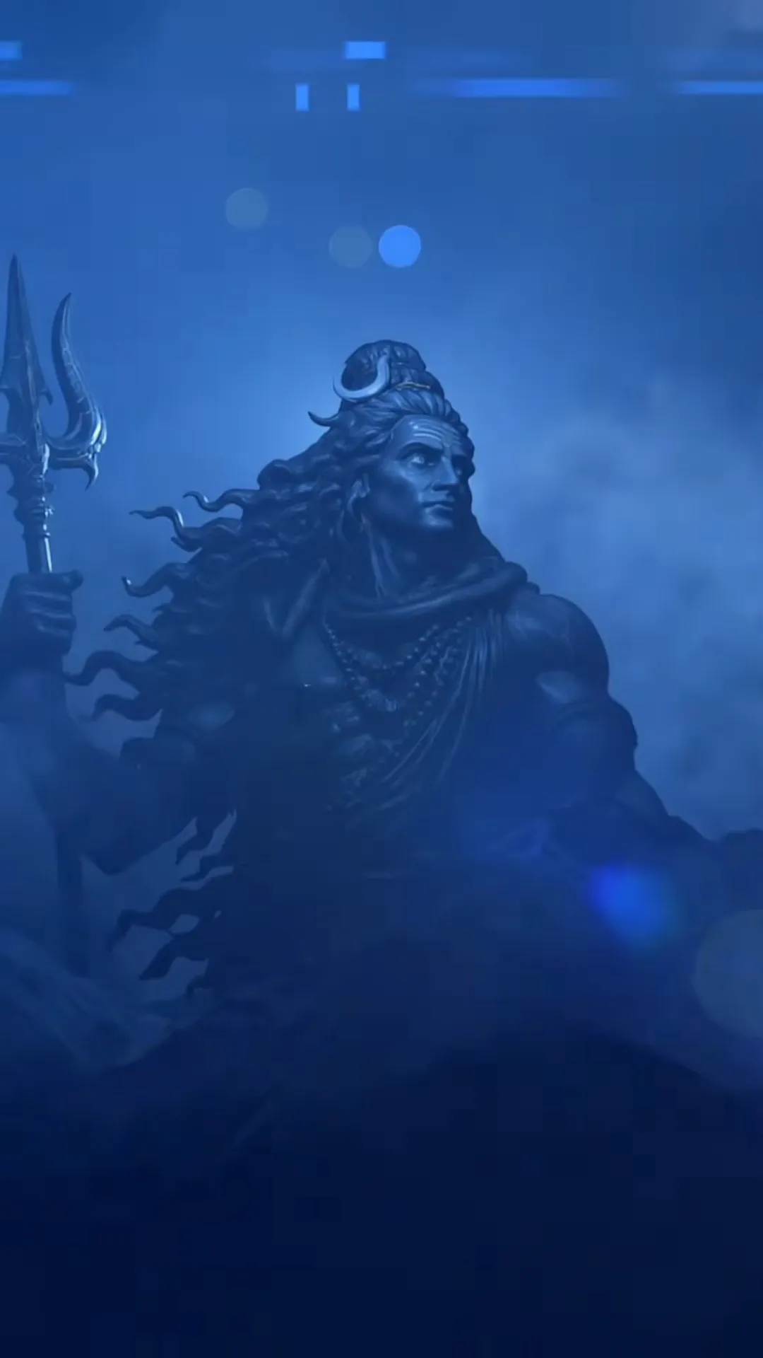Lord Shiva with long flowing hair, a crescent moon ornament and rudraksha beads, looking to the side through thick blue mist.