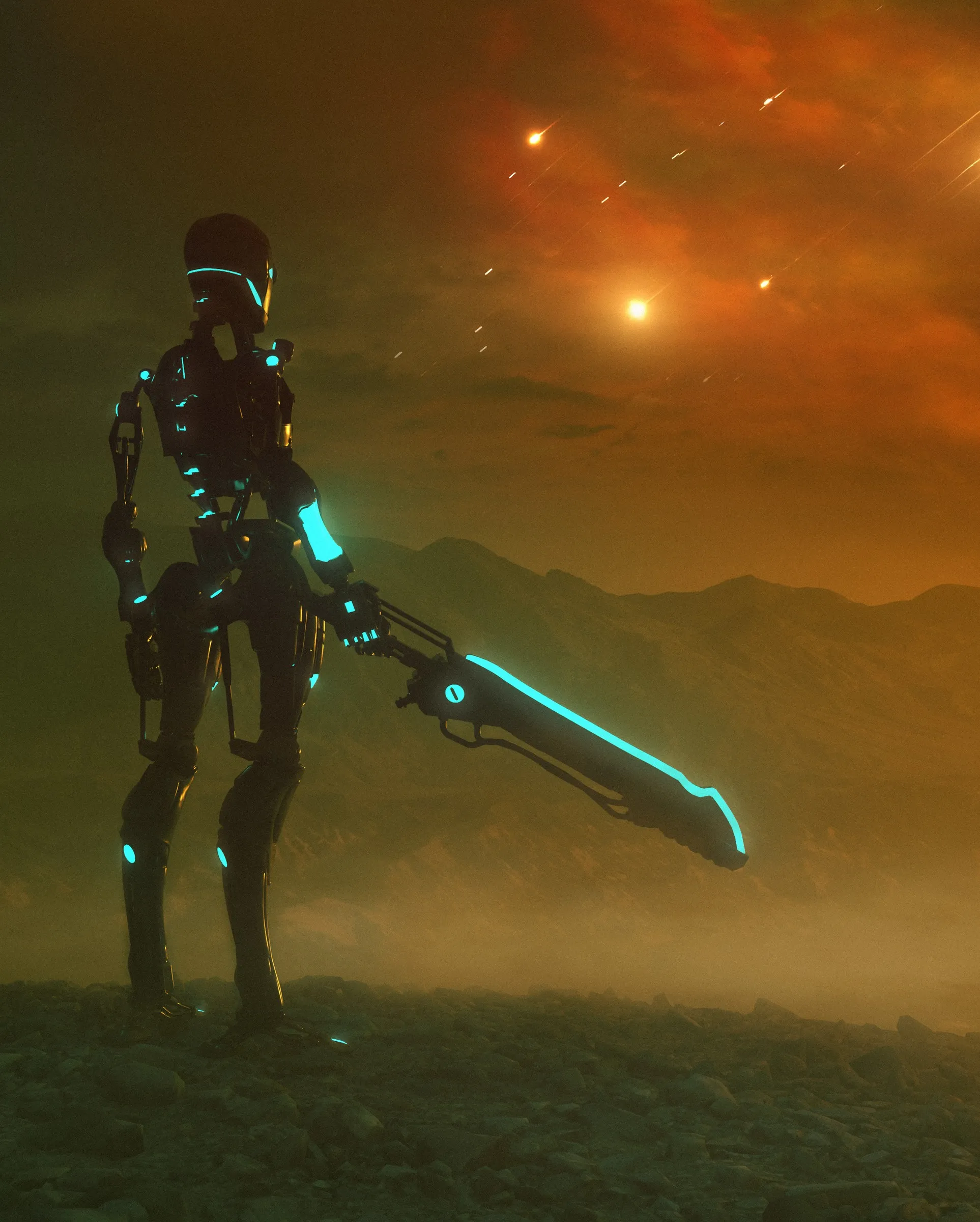 A thin black humanoid robot with glowing cyan lights on its head, arm and body stands on rocky ground holding a long sword with a cyan edge, under an orange sky with streaking meteors and distant mountains.