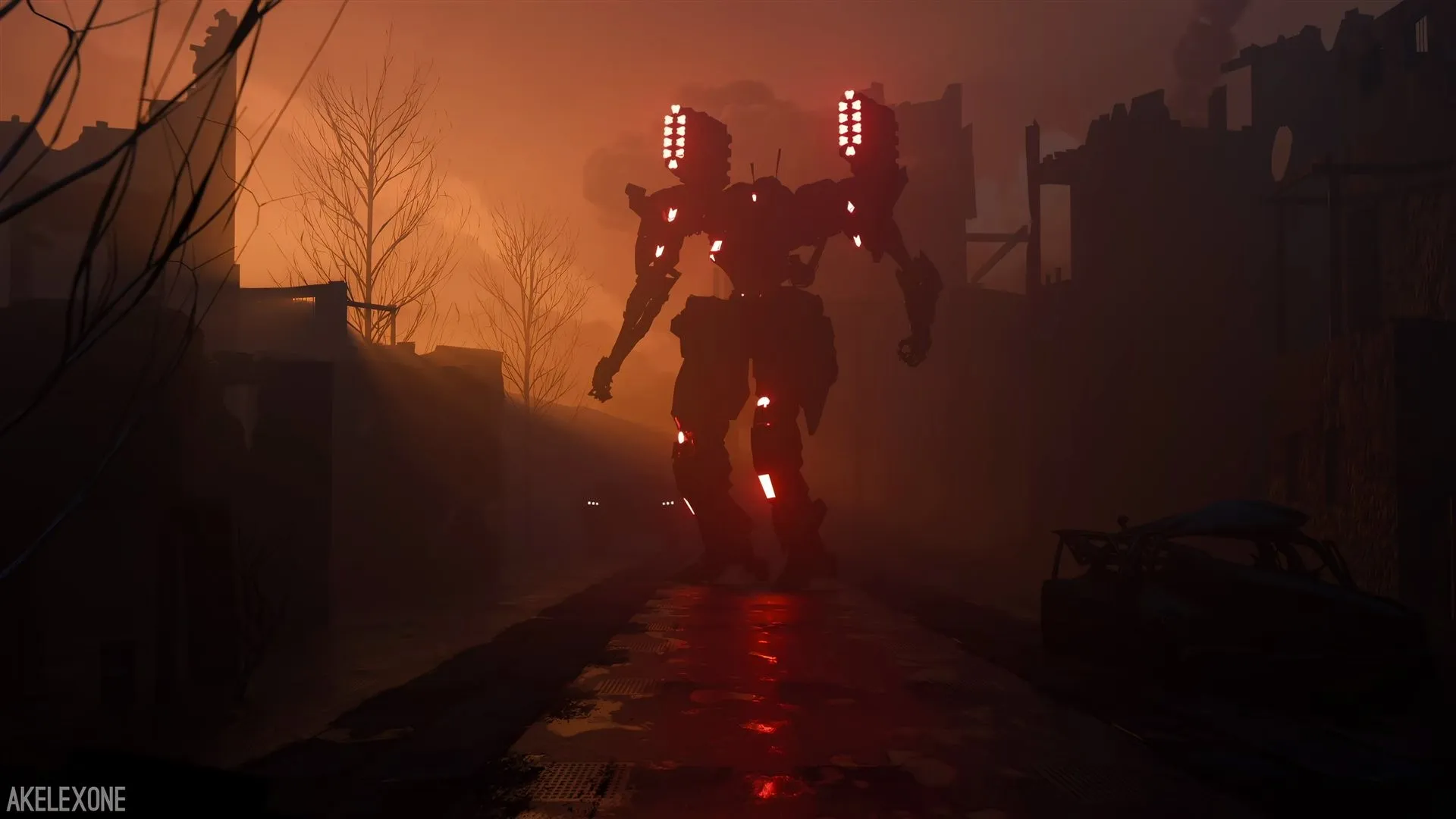 A huge bipedal mech with red lights on its head and body walks toward the viewer along a wet street between ruined buildings and leafless trees, lit by dense orange fog.