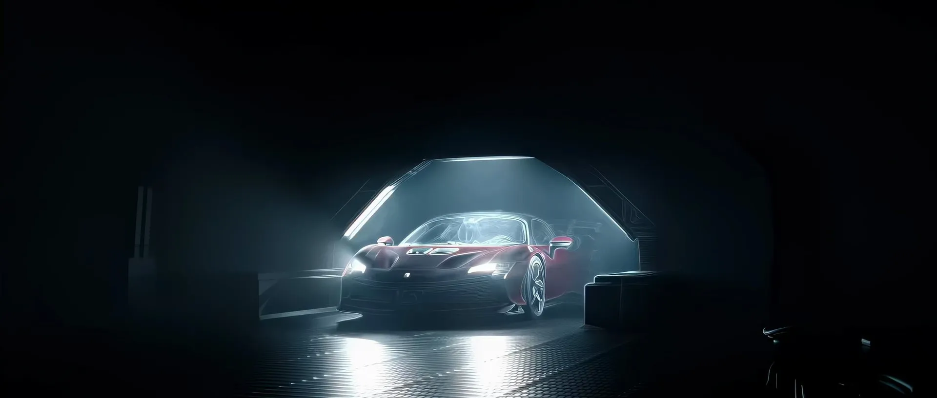 A red sports car with headlights on beneath a large illuminated arch in a dark, smoky garage, light reflecting on the metal floor.