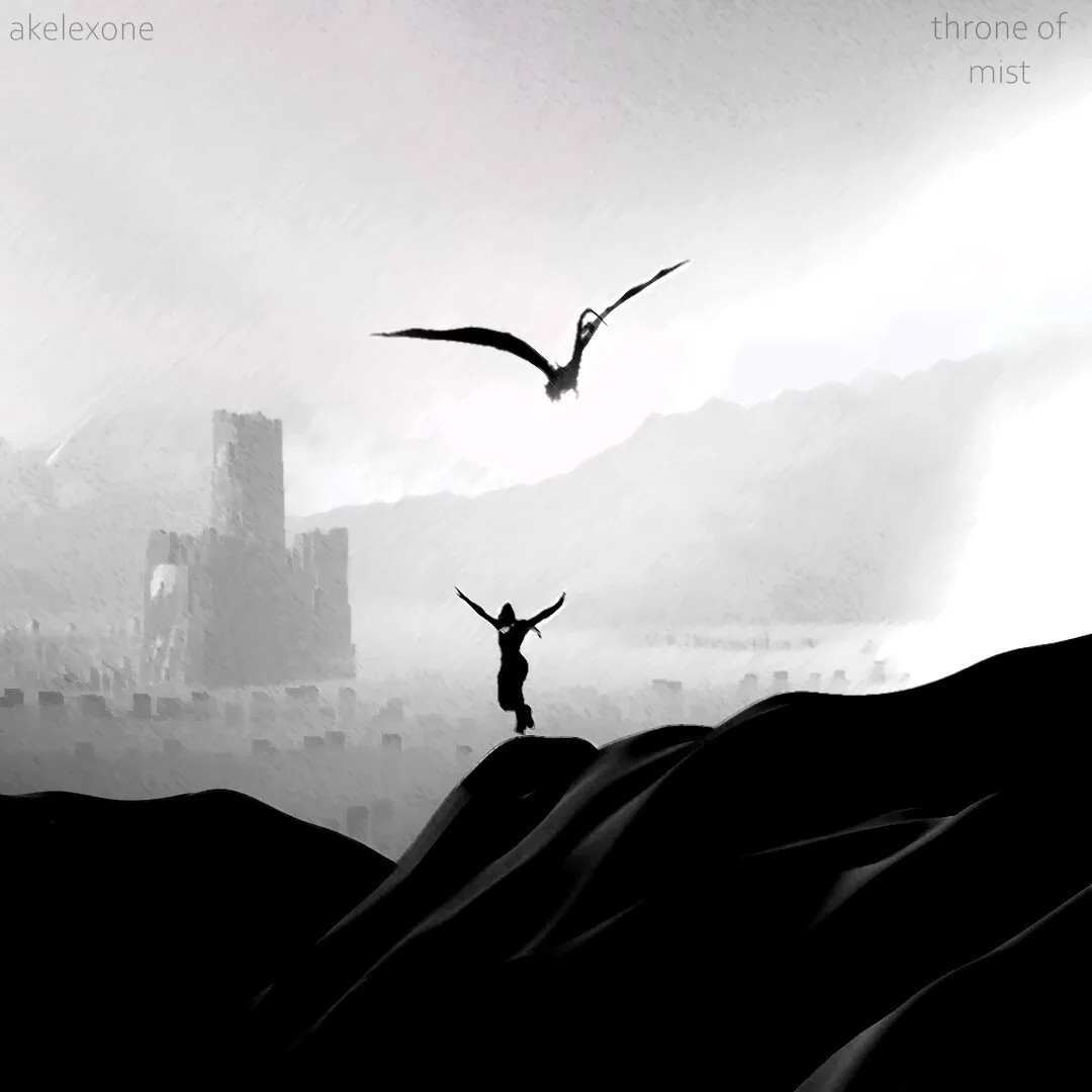 A black and white scene of a small figure with raised arms standing on a dark hill while a large winged creature flies above, with a ruined castle tower in thick mist to the left and the words throne of mist in the corner.