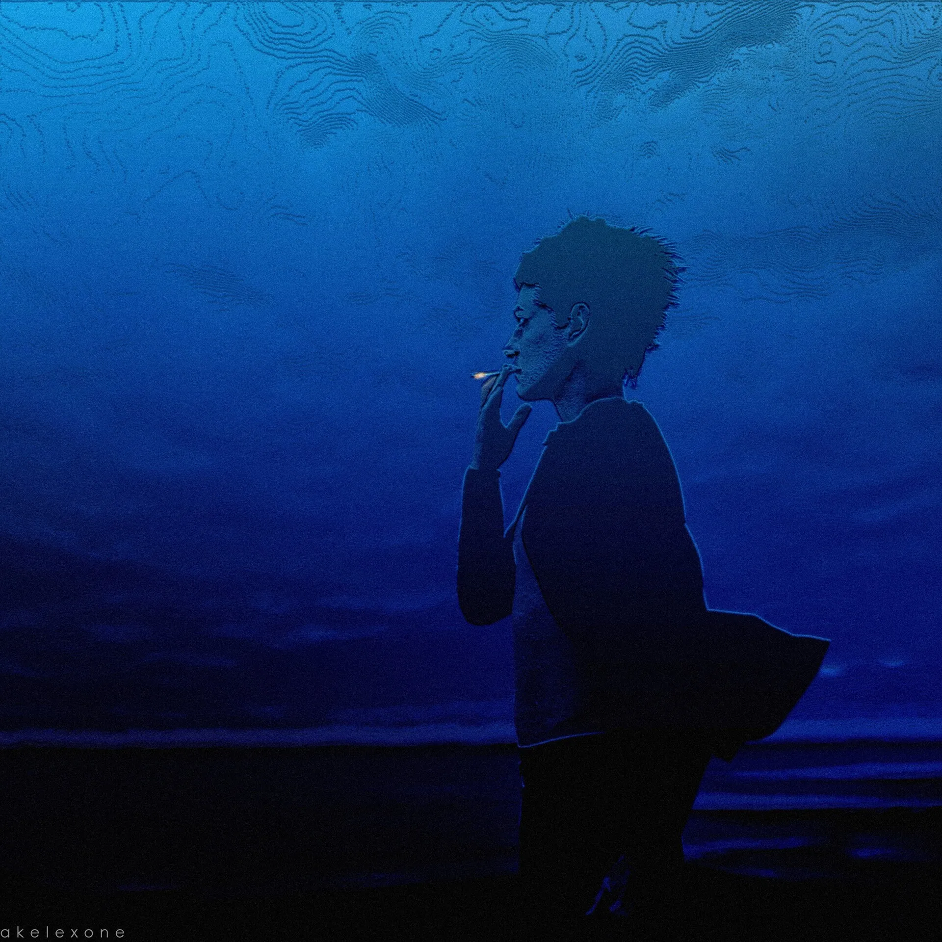 Side profile of a young man with messy hair holding a cigarette to his lips, his shirt blowing out behind him, shown as a dark silhouette against a deep blue sky with faint wavy line textures.