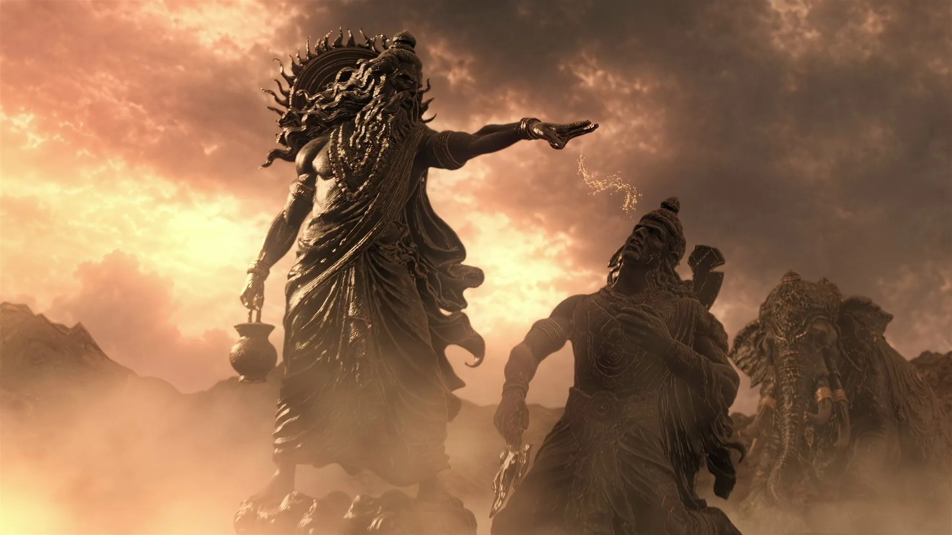 Colossal stone-textured Hindu deities in golden mist under a smouldering sky, the largest with flowing hair pointing into the distance, from the Samudra Manthan.