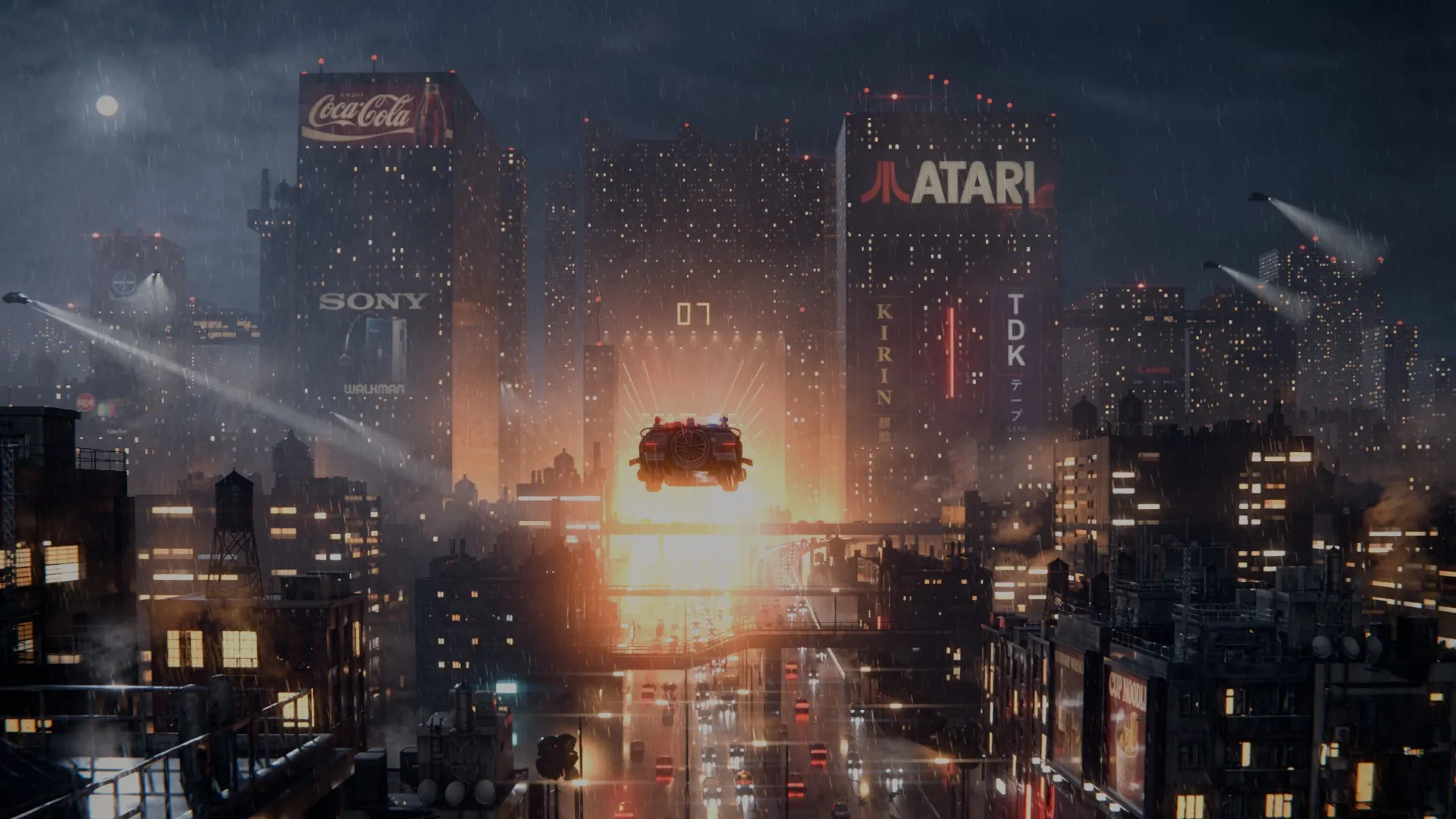 A retro sci-fi city at night in the rain, with tall towers covered in neon billboards and a flying car coming out of a glowing gateway at the centre.