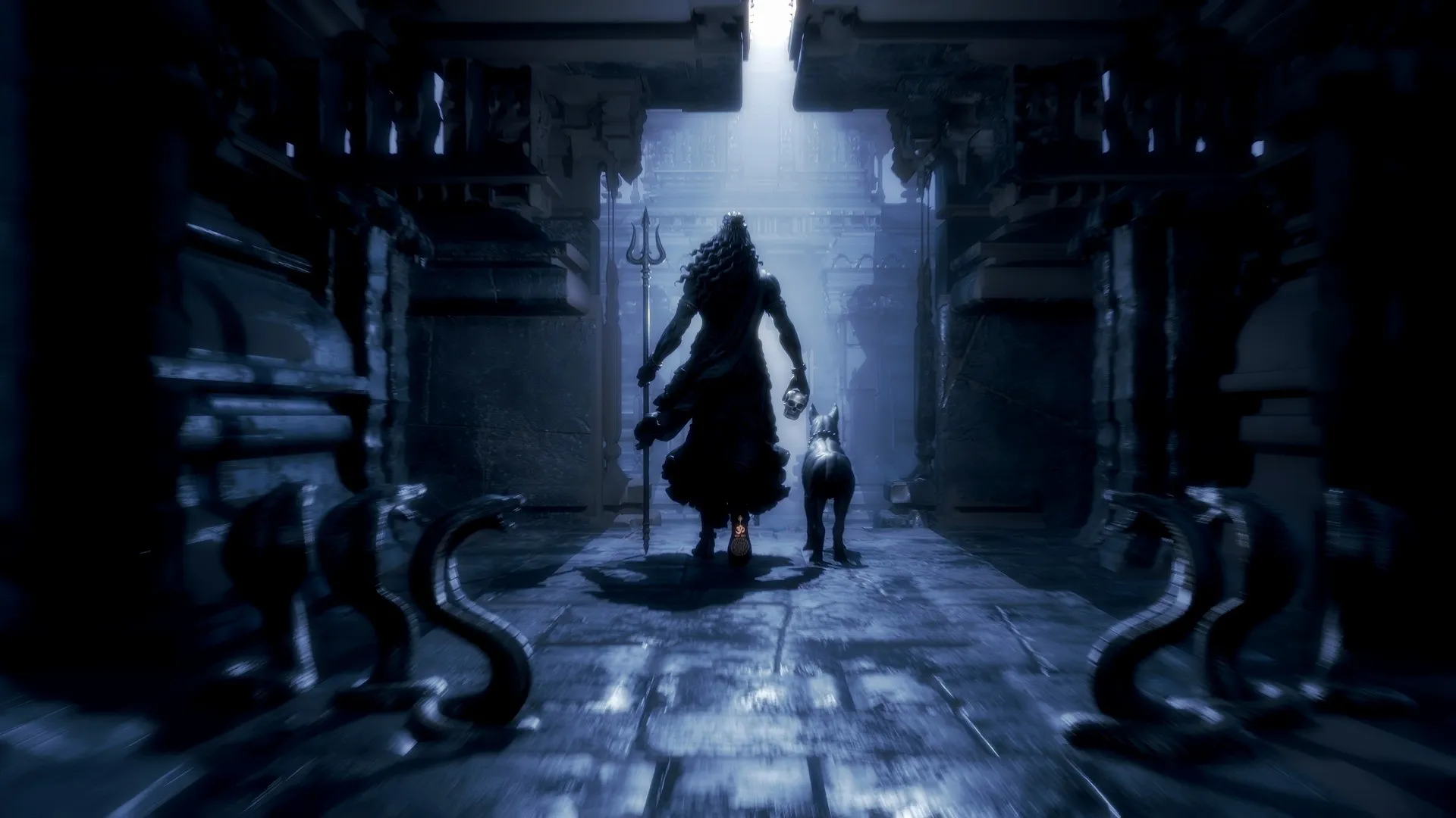 Kaal Bhairav seen from behind walking down a dim blue temple corridor holding a trishul, a dog at his side, coiled cobra statues on both walls and a beam of light from the ceiling.