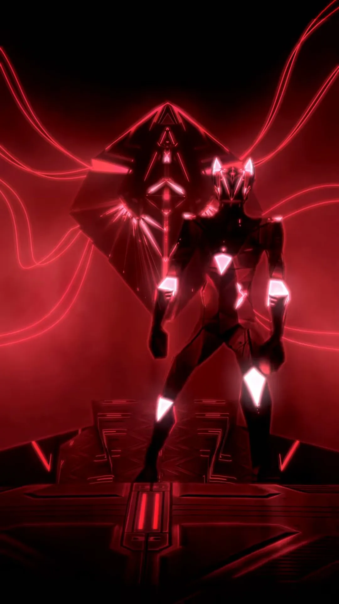 An armored figure with a horned helmet and glowing white and red panels in front of a huge angular red structure.
