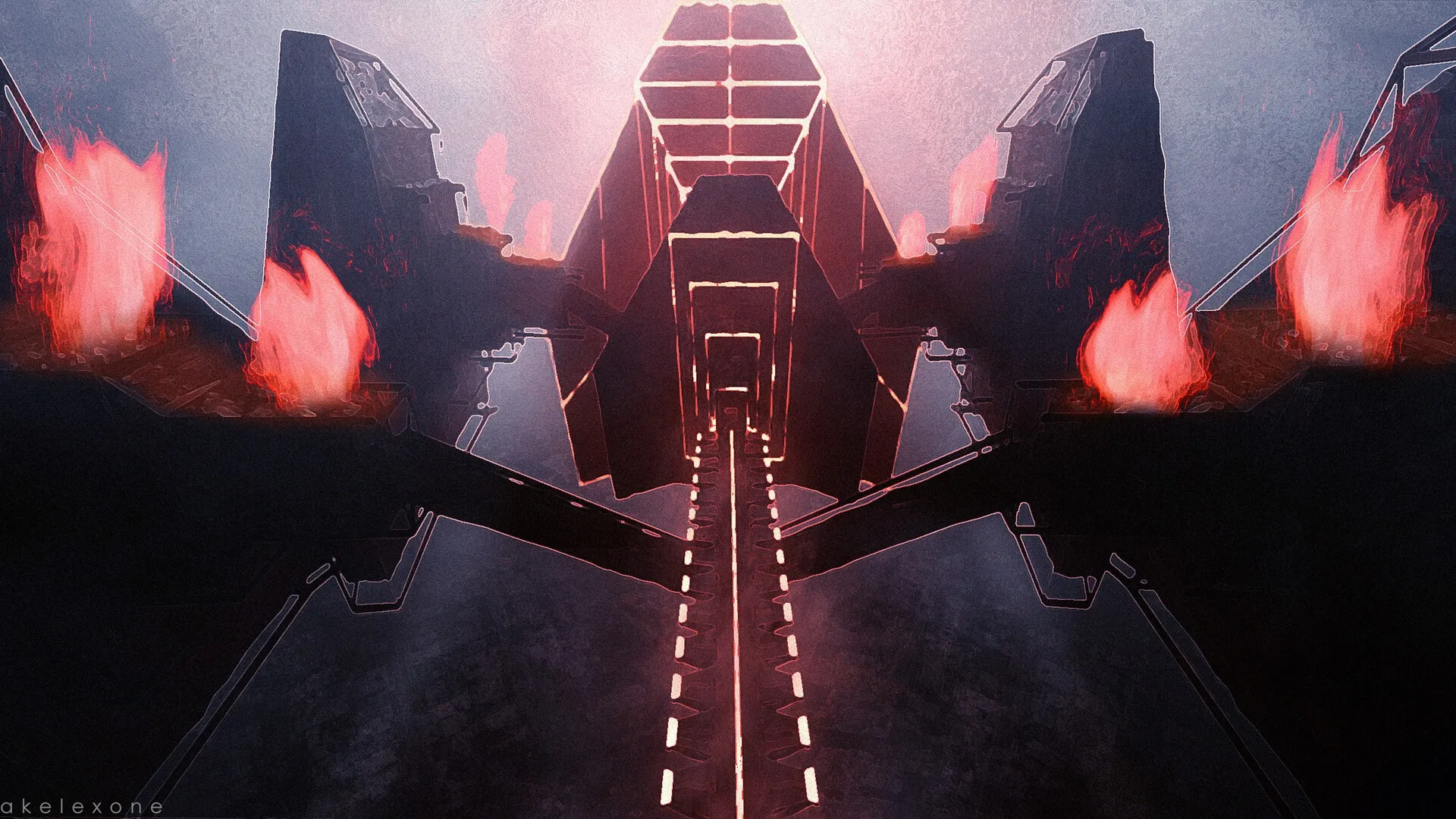 A symmetrical view of a dark angular sci-fi structure with a narrow walkway lined with orange lights leading to a central tower, bright fires burning on both sides and a hazy pinkish sky above.