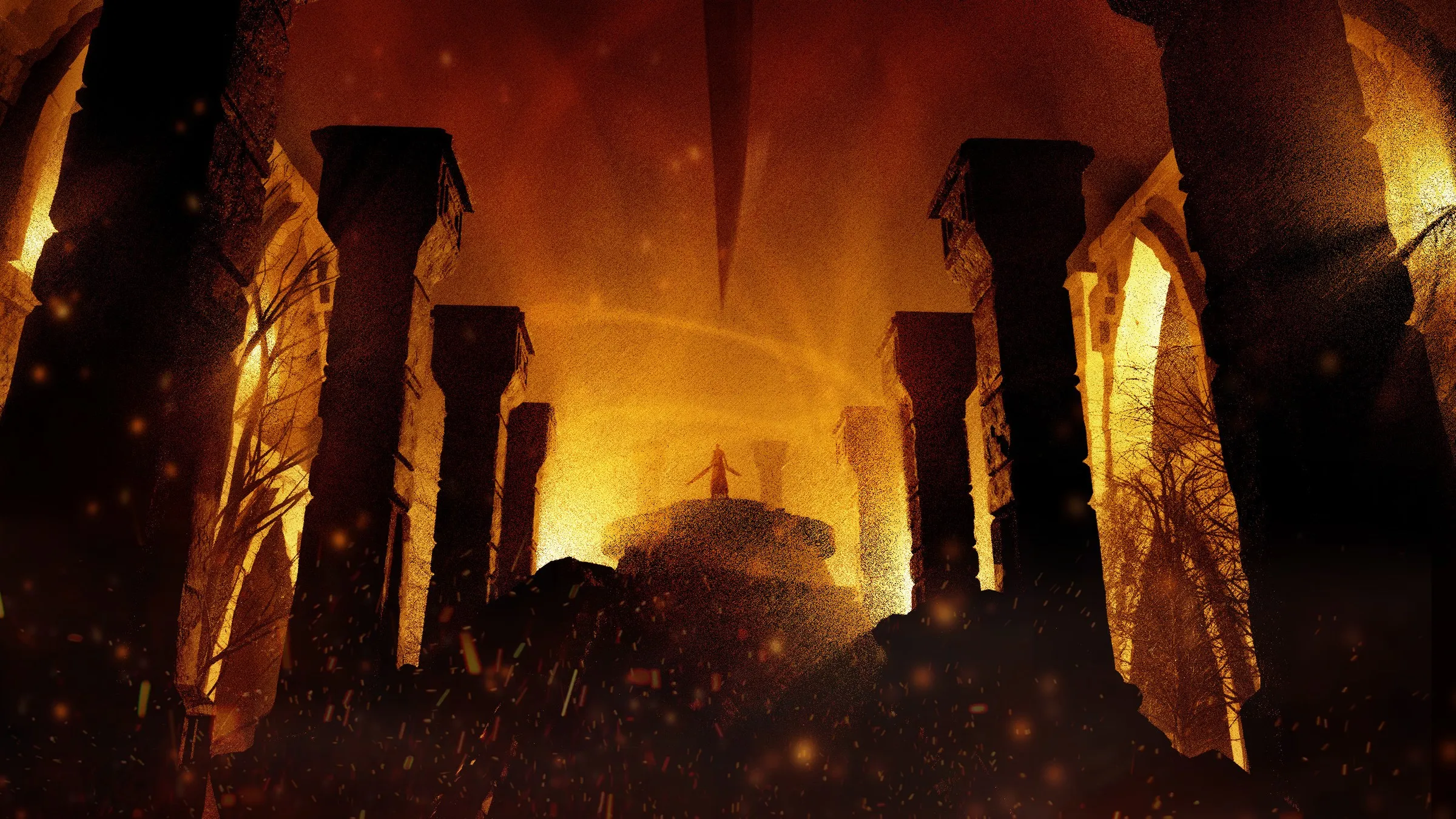 A vast ruined gothic hall with tall dark stone columns and arched windows, lit by intense orange firelight and floating embers, with a small figure standing on a rocky mound in the center under a beam of light.