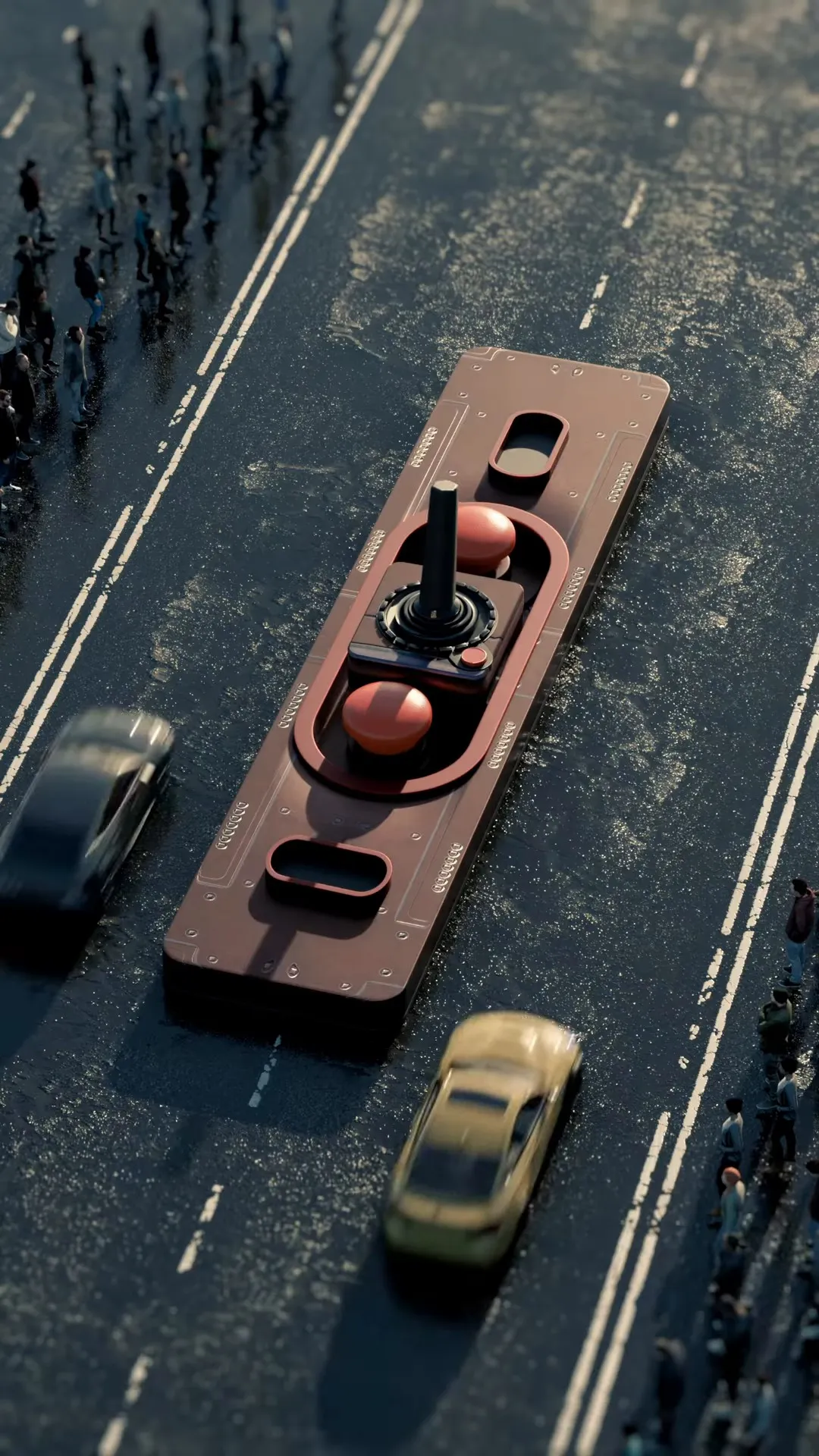 Top-down view of an oversized arcade controller with a joystick and red buttons lying on a city road as cars drive past.