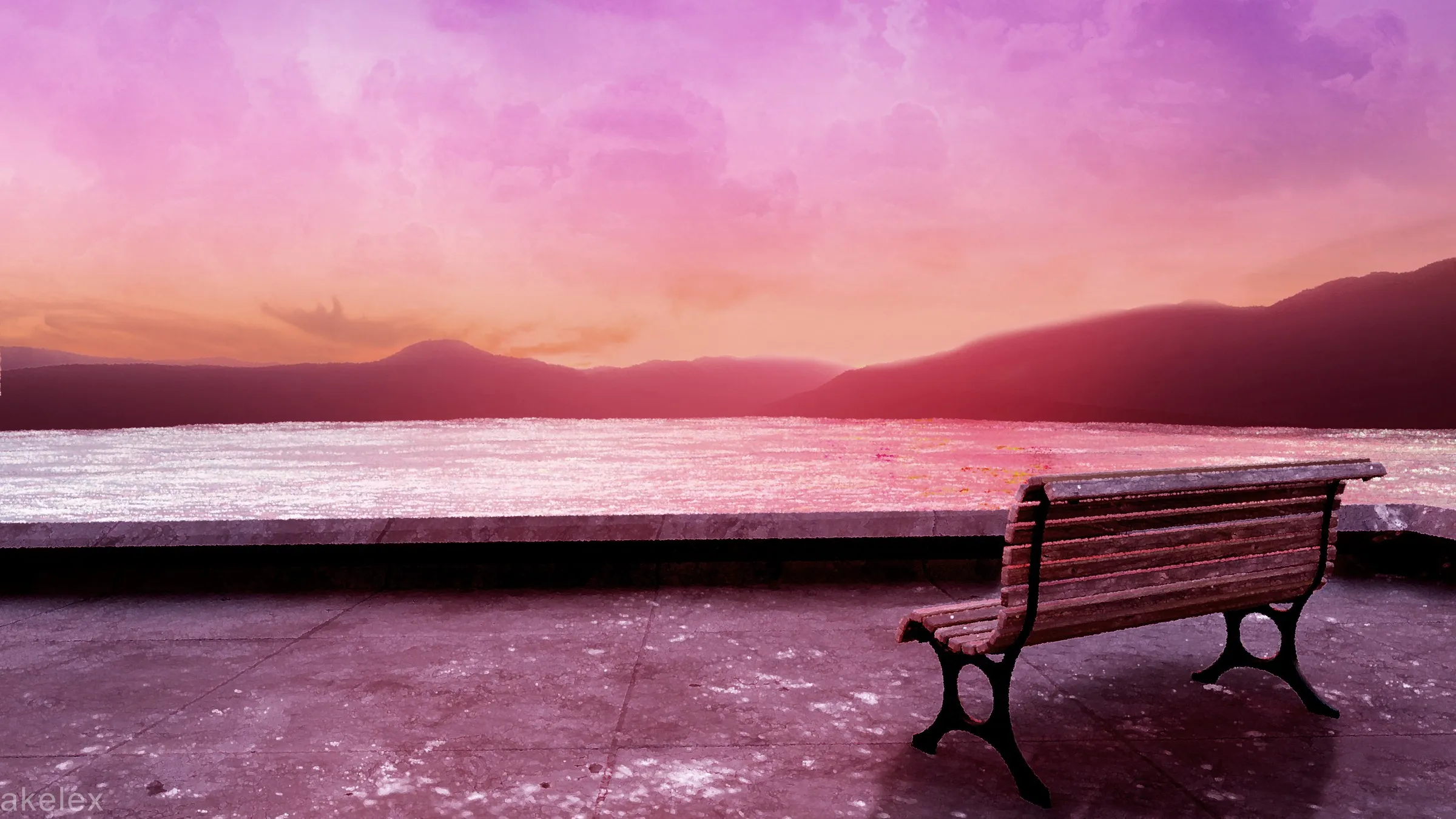 A wooden park bench with black iron legs sits on a stone promenade beside a shimmering lake, with dark mountains on the horizon under a pink and purple sunset sky.