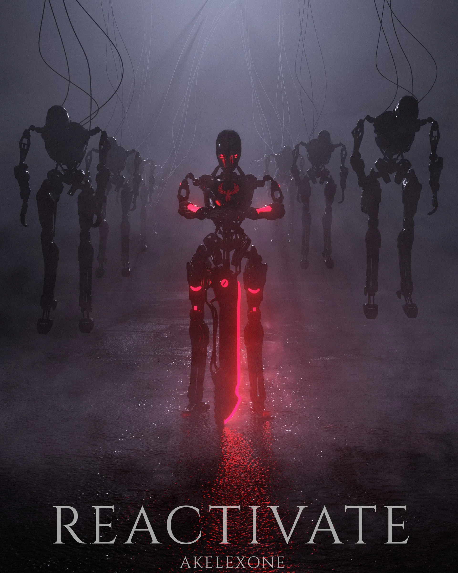 A dark humanoid robot with glowing red eyes, red lights on its chest and a long red-lit blade stands in fog, with rows of lifeless robots hanging from cables behind it and the word Reactivate in large letters at the bottom.