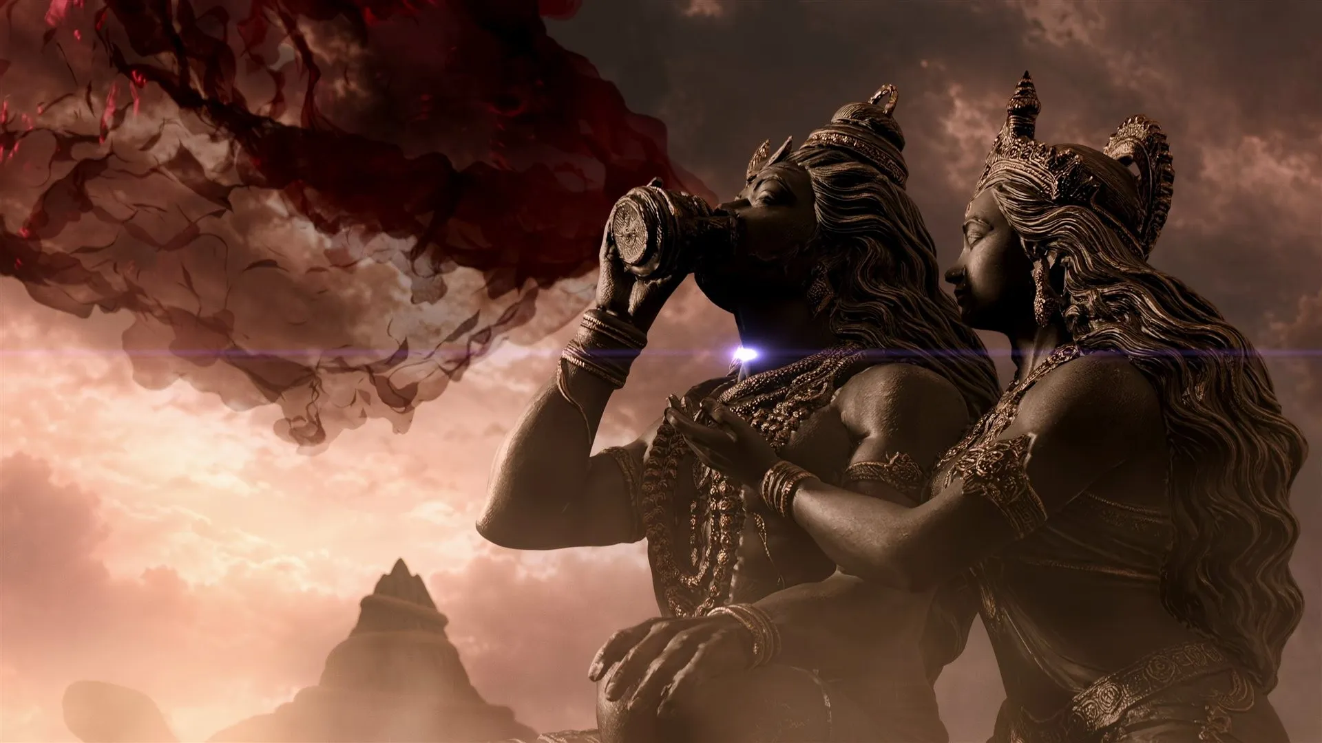 Shiva tilts back to drink the Halahala poison from a vessel while Parvati leans close, a dark red cloud streaming across a dusky sky above a lone mountain peak.