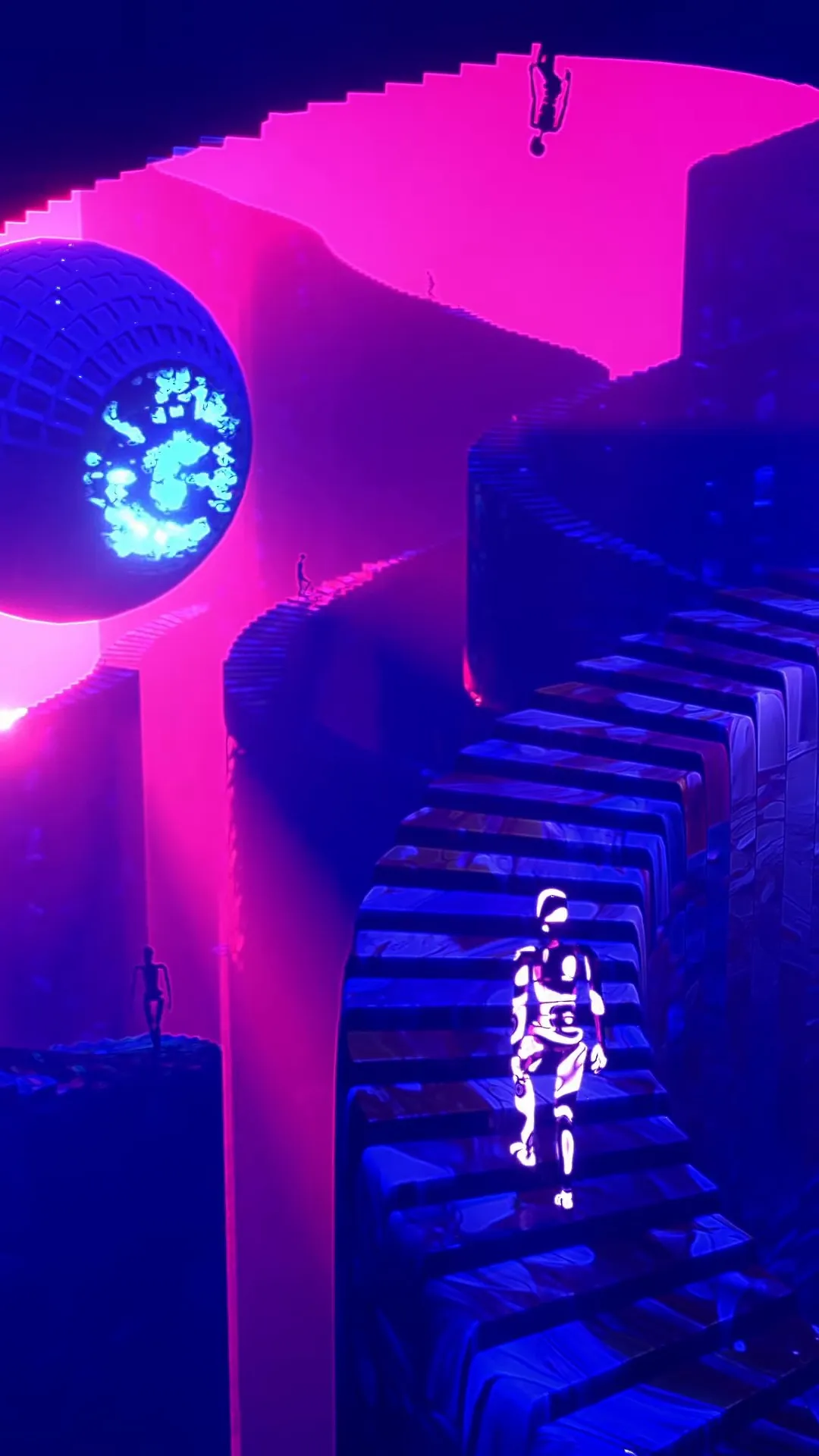 A figure covered in glowing white patterns walks down a dark staircase in a magenta and blue void, a glowing blue sphere floating nearby.