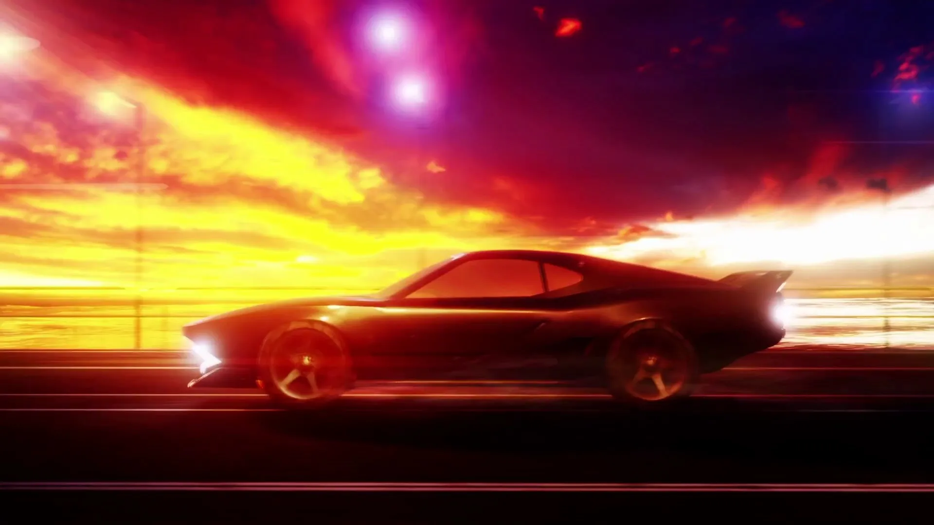 Side view of a dark retro sports car at speed in front of a vivid red, orange and purple sunset sky with bright light streaks.