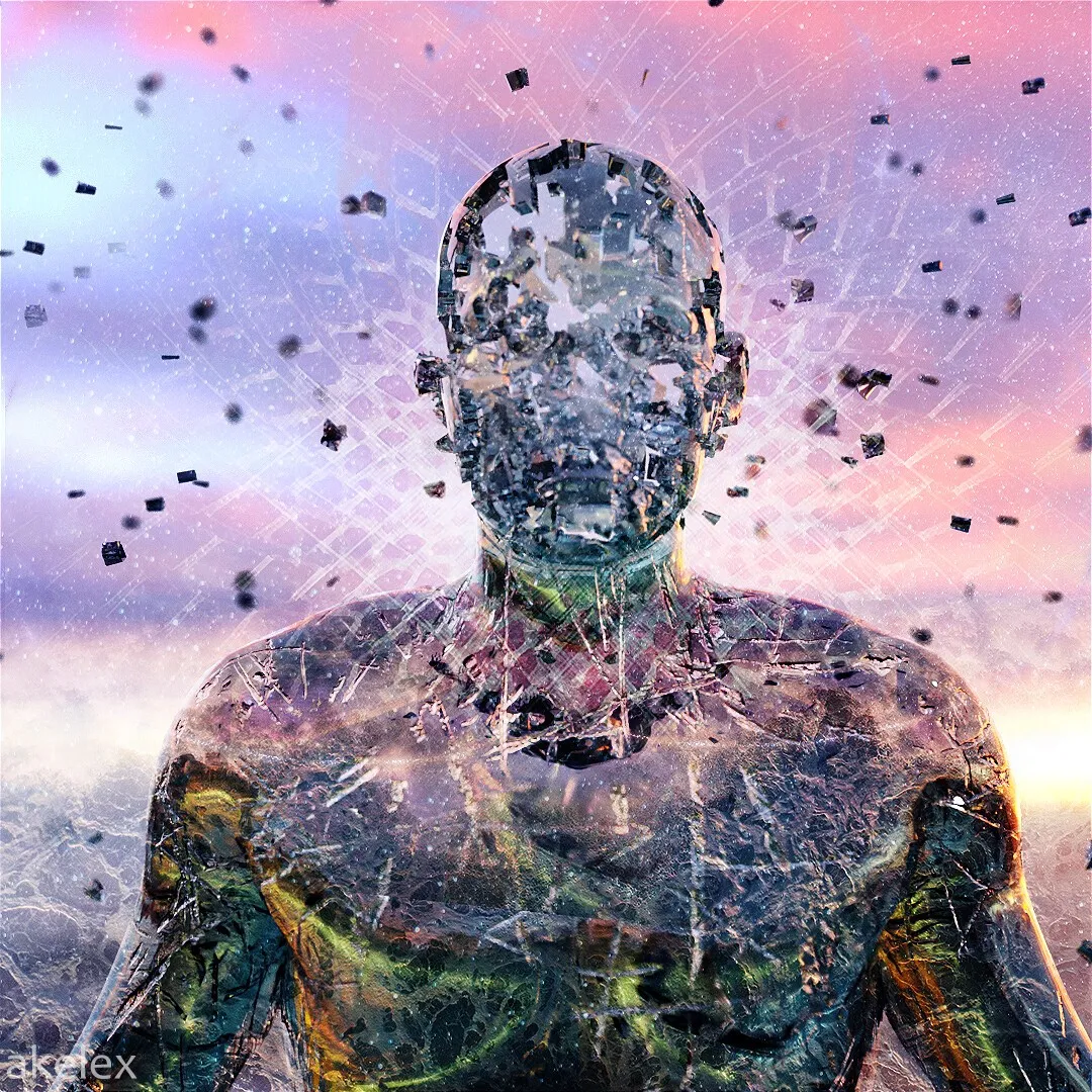 The head and shoulders of a human figure made of cracked, shimmering glass, with small dark fragments flying off its head, set against a hazy pink, purple and blue sky.