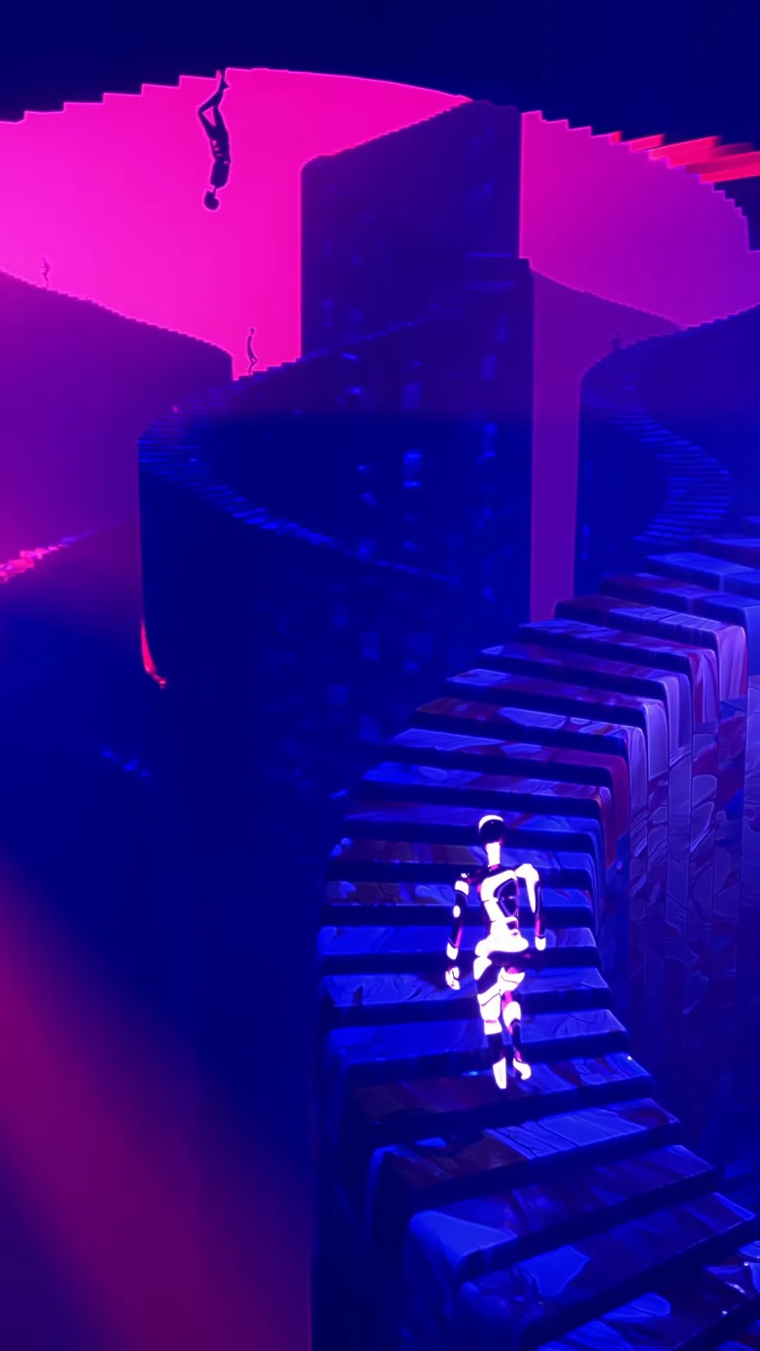 Neon stairways and small figures on ledges in a purple surreal space.