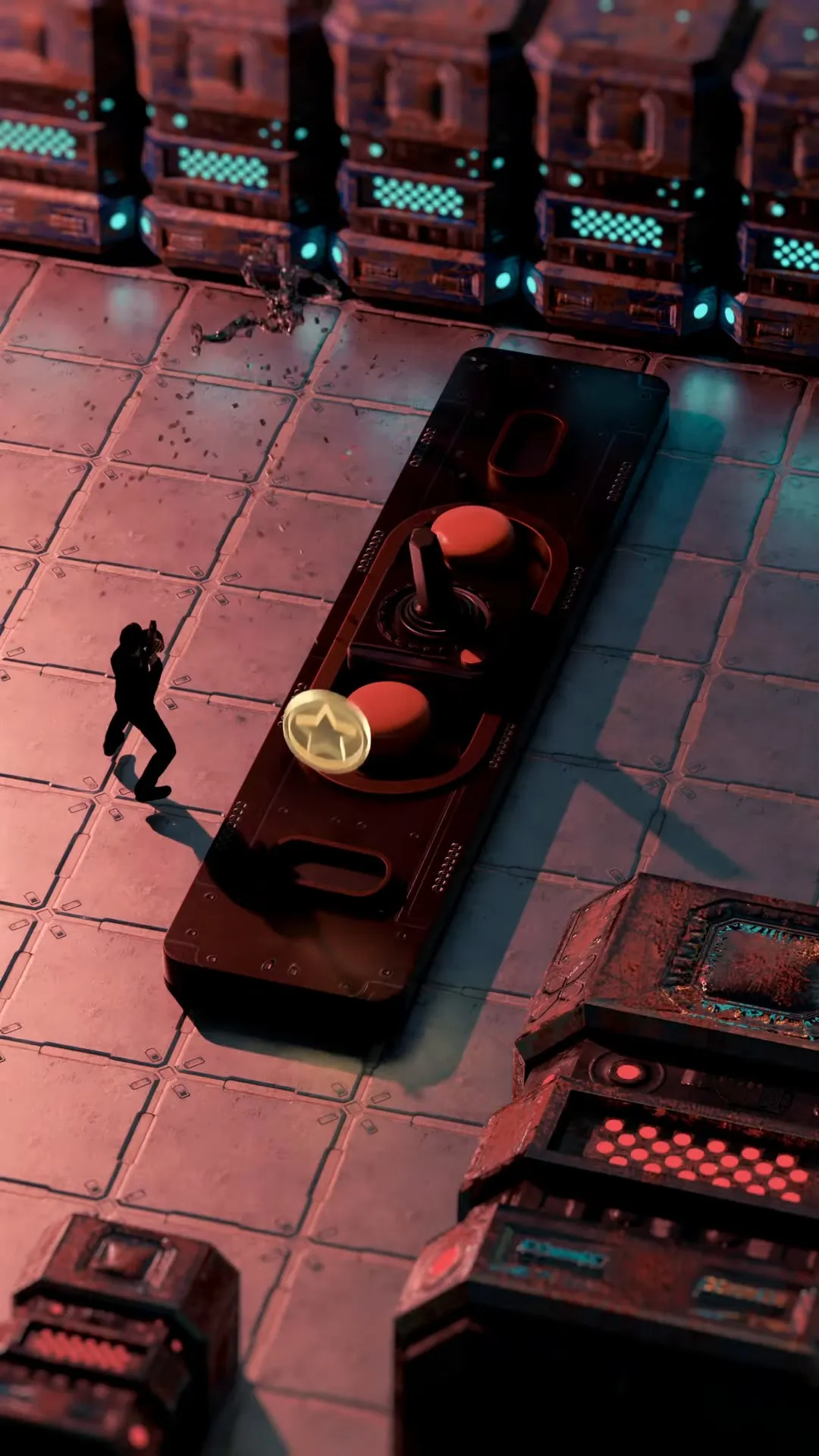 The arcade controller in a red-lit fighting-game version of the street.