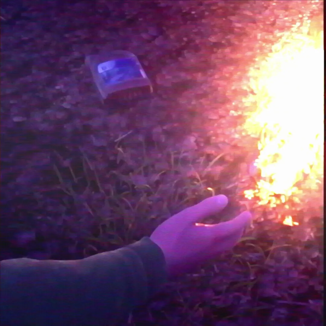 Cat and Burn, close-up of a hand beside a grass fire