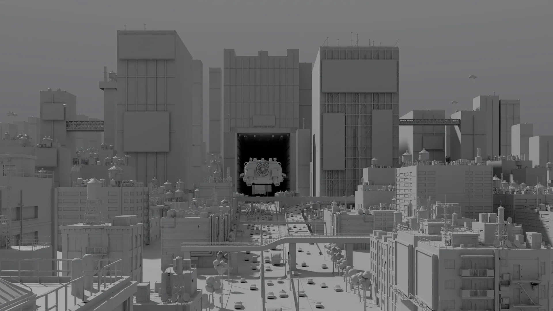 The same city frame as an untextured greyscale render.