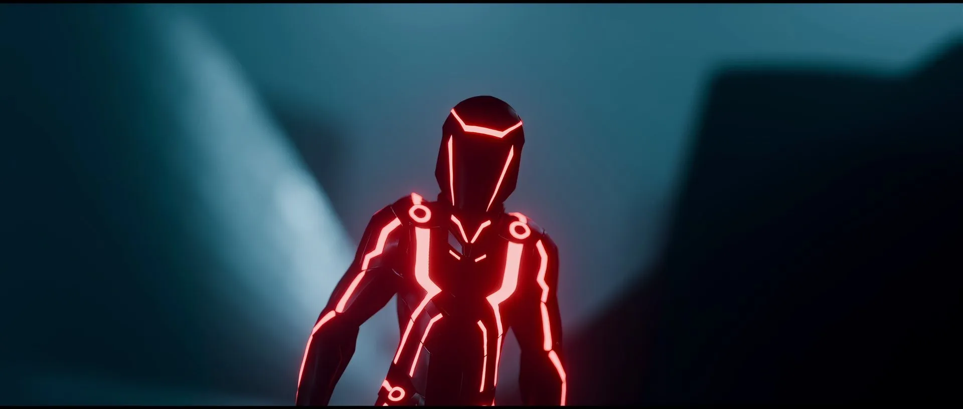 A figure in a dark helmet and suit with glowing red circuit lines stepping through blue fog lit by diagonal beams.