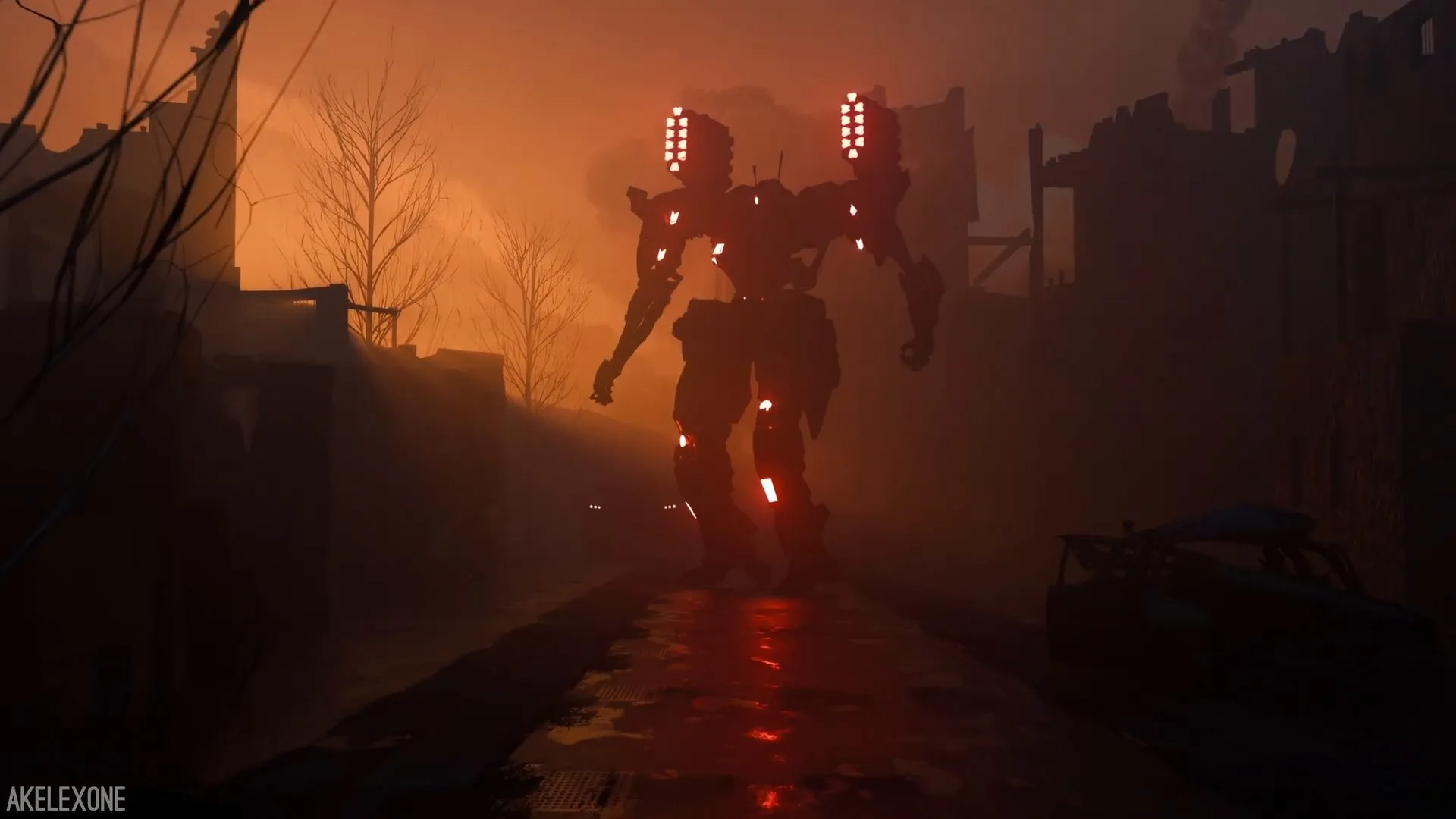 The mech mid-stride in the ruined street, red lights reflected on the wet road, final render.