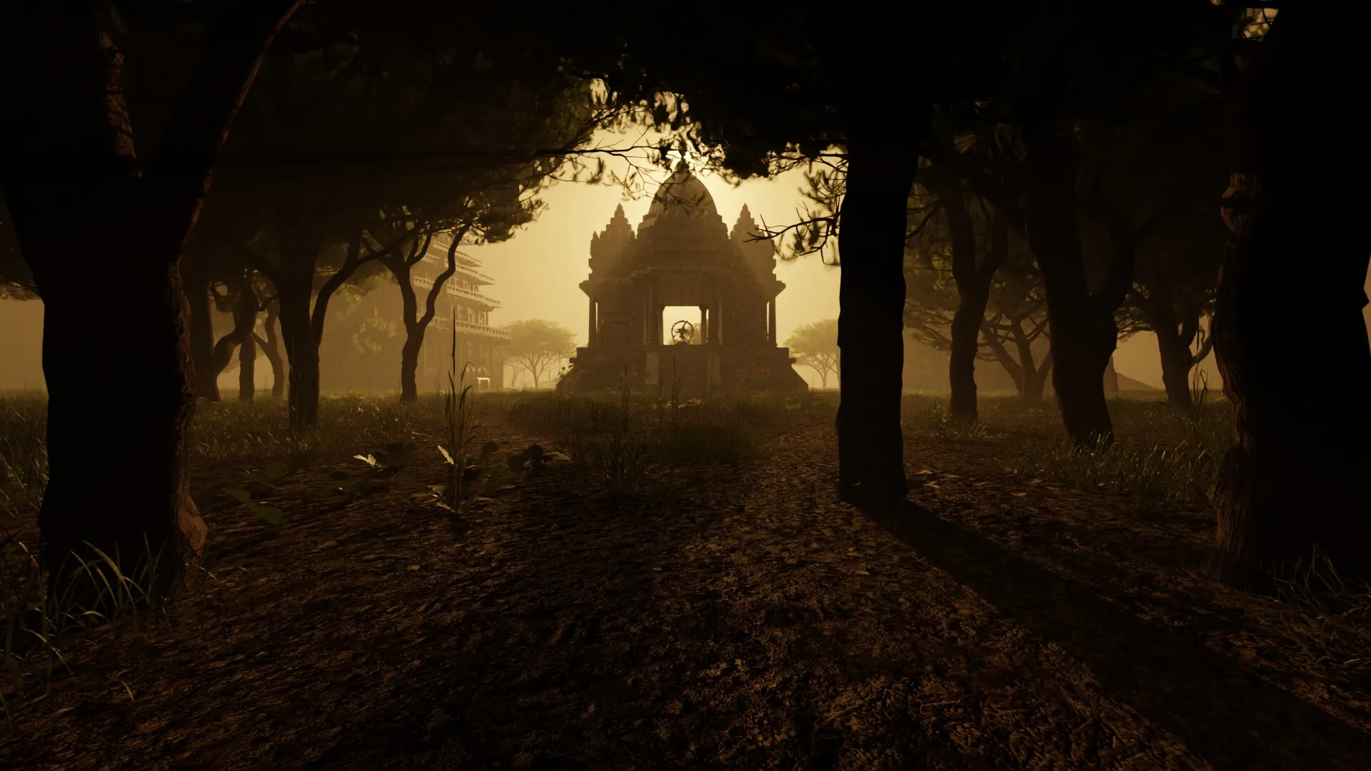 Forest Temple, shrine glowing through dark forest