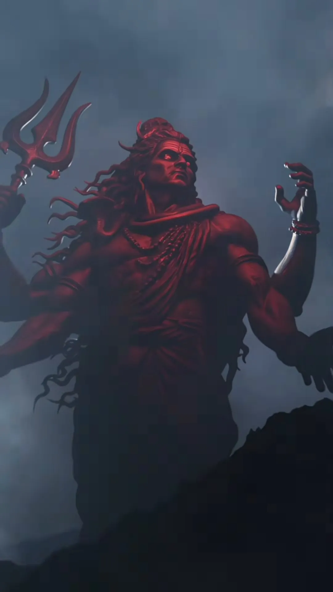Lord Shiva with a trishul lit in deep red light through smoke, later in the same animation.