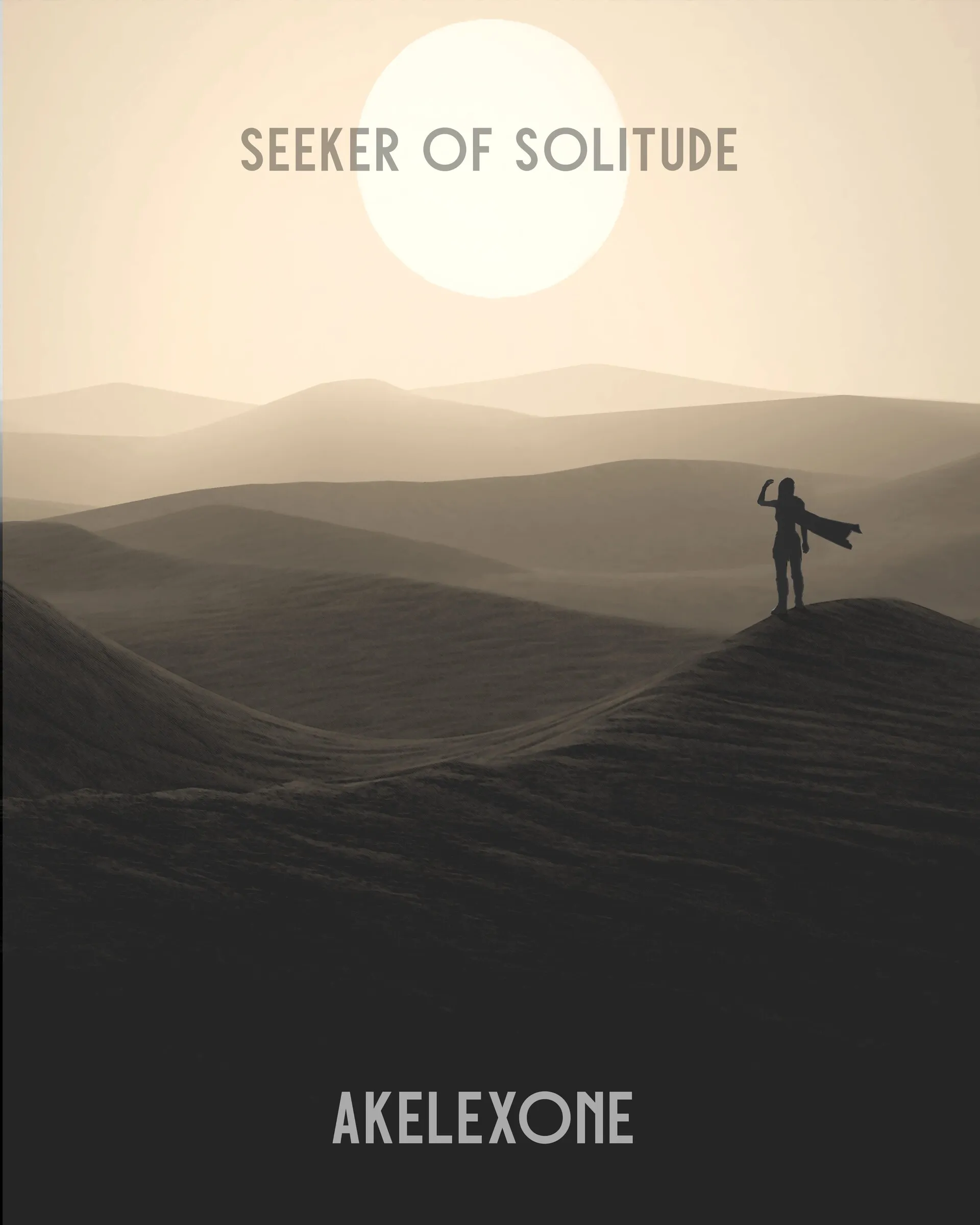 Seeker of Solitude, warm sepia version with a large pale sun