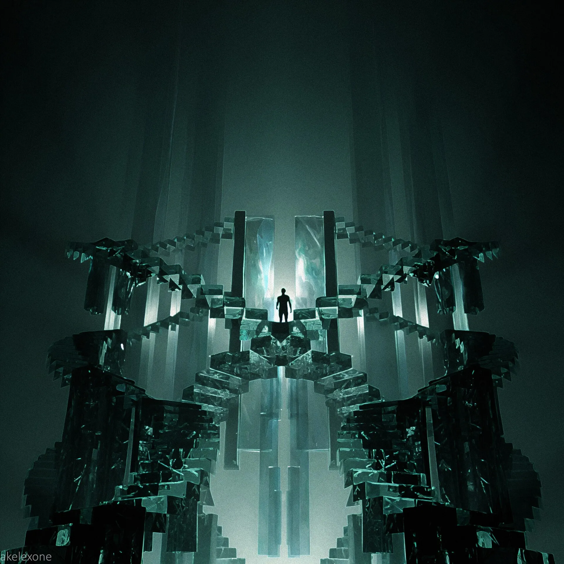 Hollowed Mindscape, wider view with the figure among glass pillars