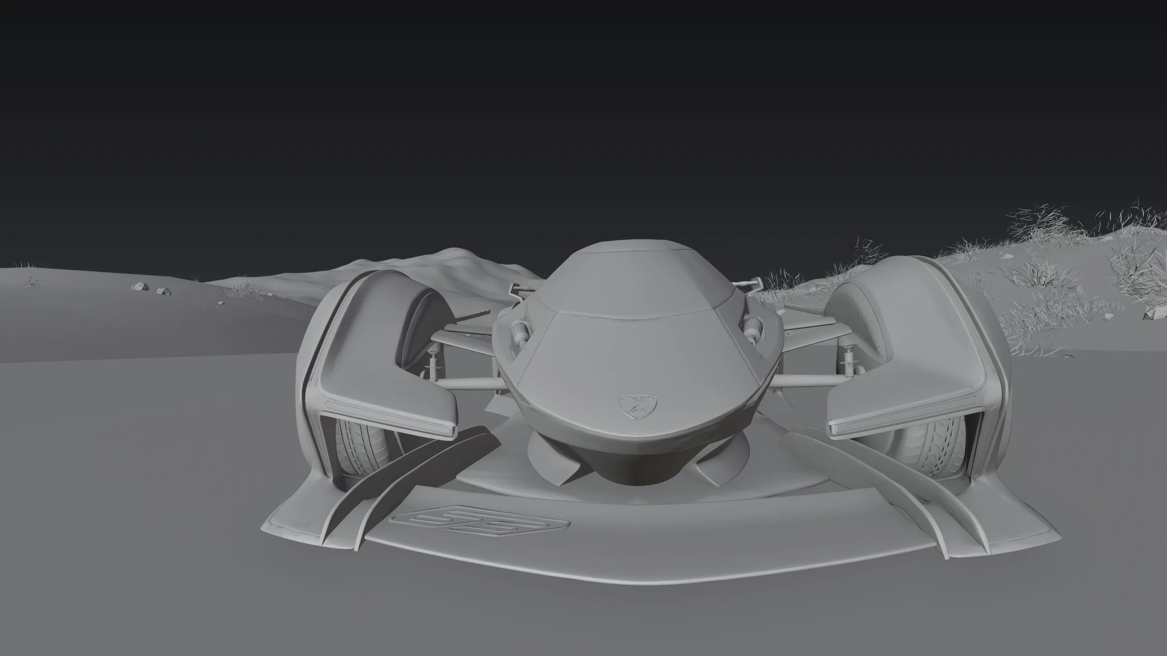 The same front shot of the Lamborghini as a greyscale clay render.