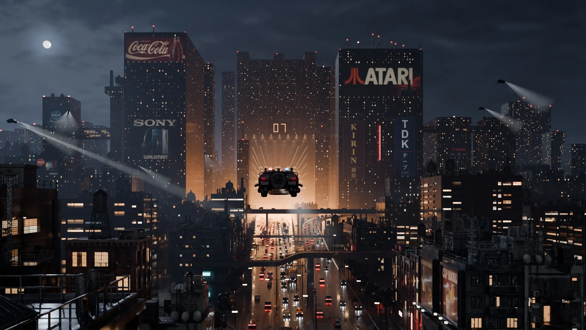 The raw render of the city before the comp, rain and grade.