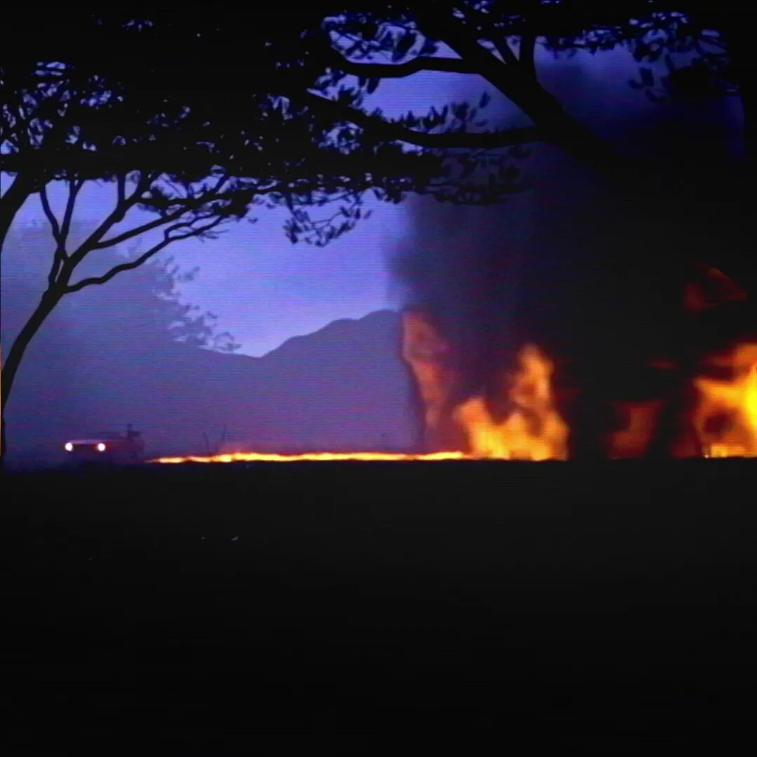 Cat and Burn, wide shot of a fire line across a dark field