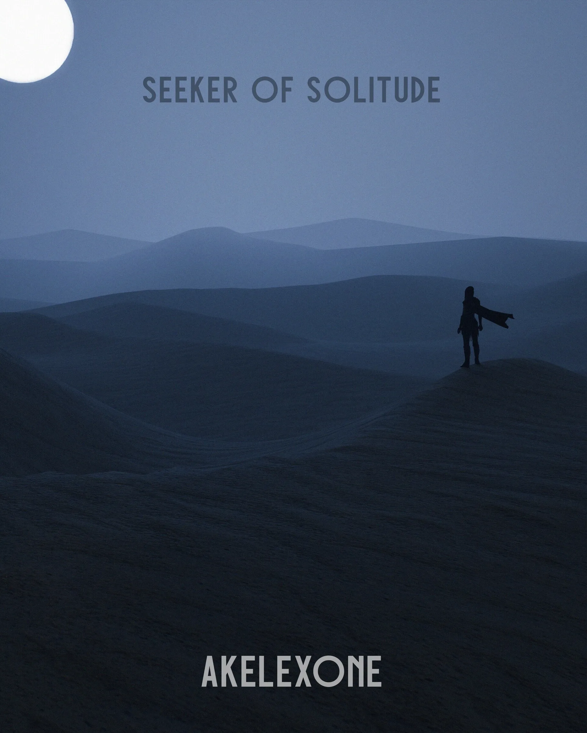 Seeker of Solitude, cool blue dusk version with a moon