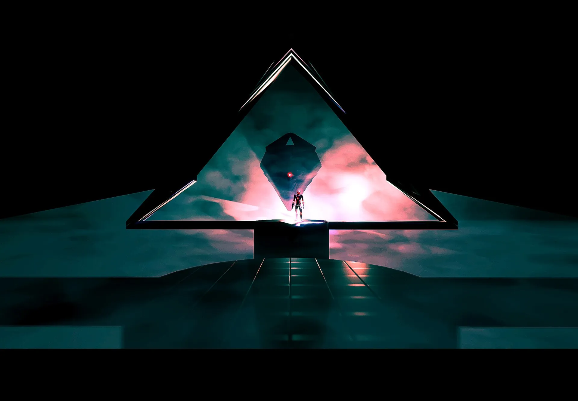 A huge glowing triangle frame in a dark space opens onto pink and red clouds with a floating dark diamond-shaped crystal inside, and a tiny figure standing on a block at its base above a shiny teal floor.