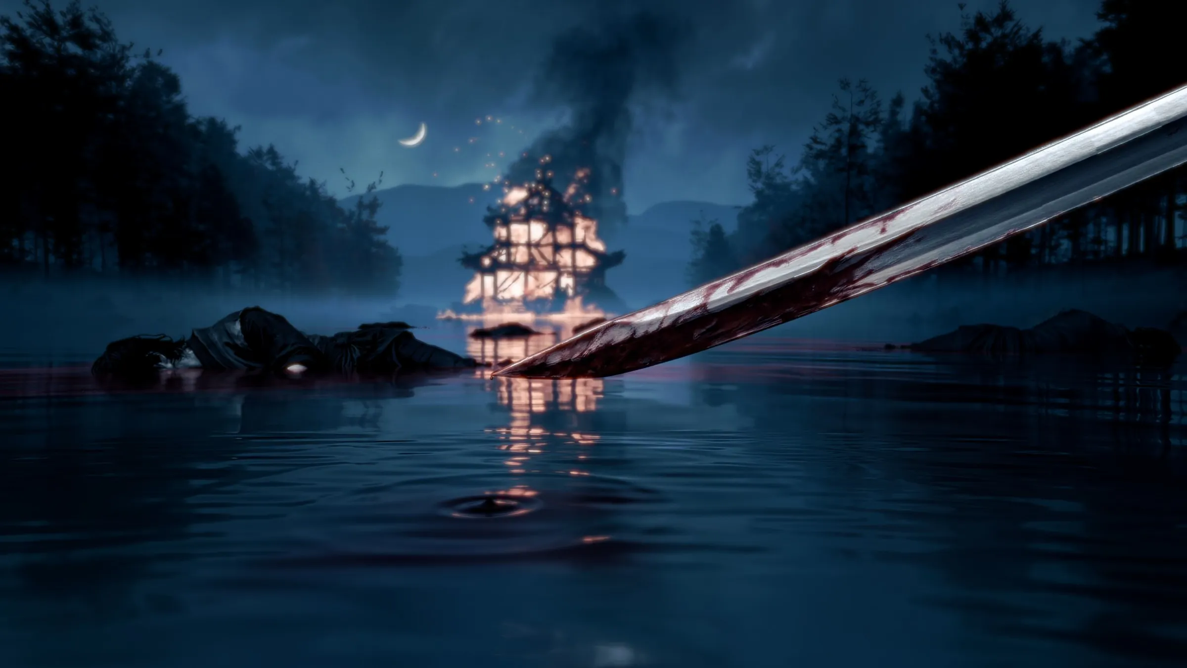 Close view of the bloodied katana over the dark water, the burning temple behind it.