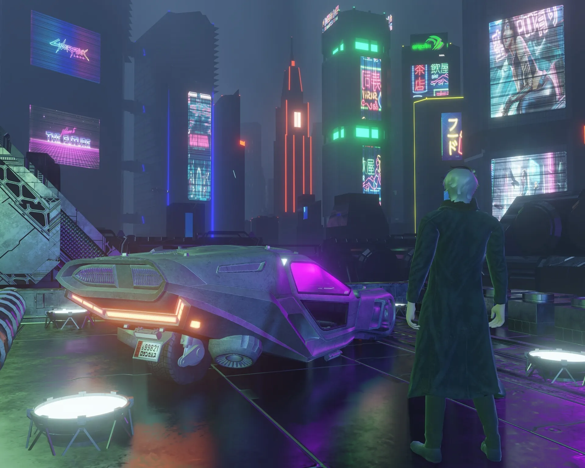 Cyberpunk Start Screen, unfiltered render with purple lighting
