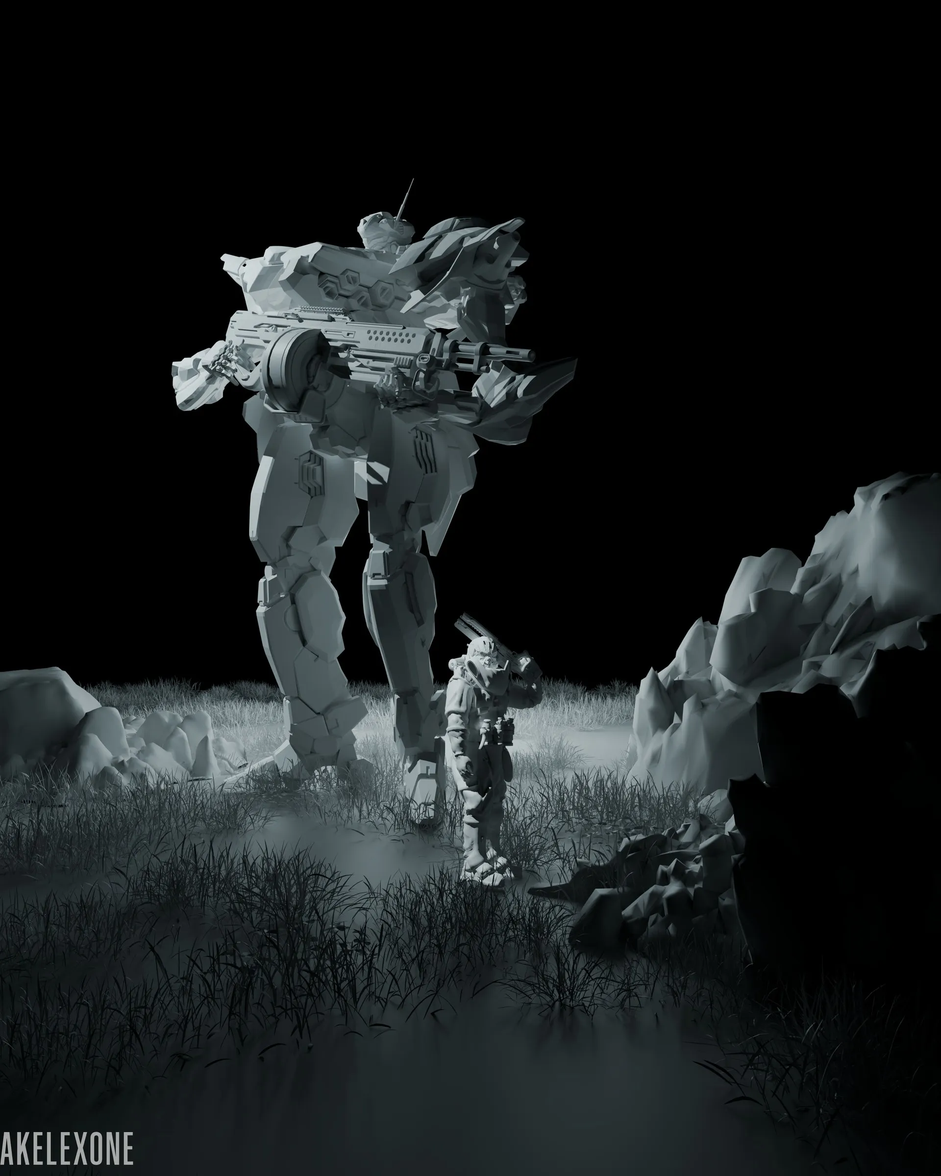 Fire and Rain, greyscale clay pass