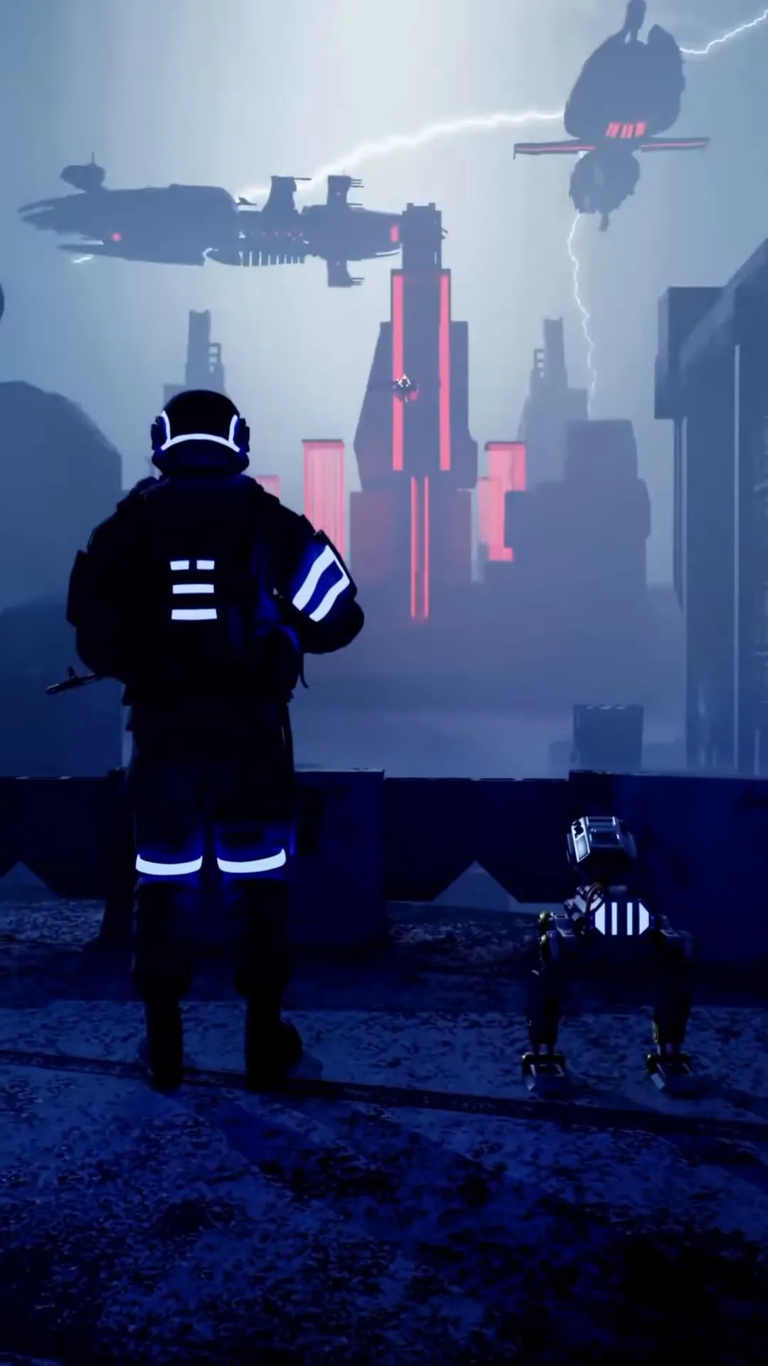 A small figure standing on a rooftop below airships in a stormy blue cyberpunk city.