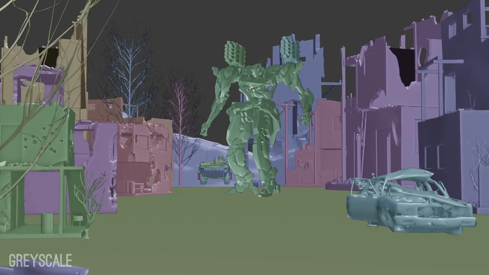 The same frame of the mech scene as an untextured viewport pass in flat greens and purples.