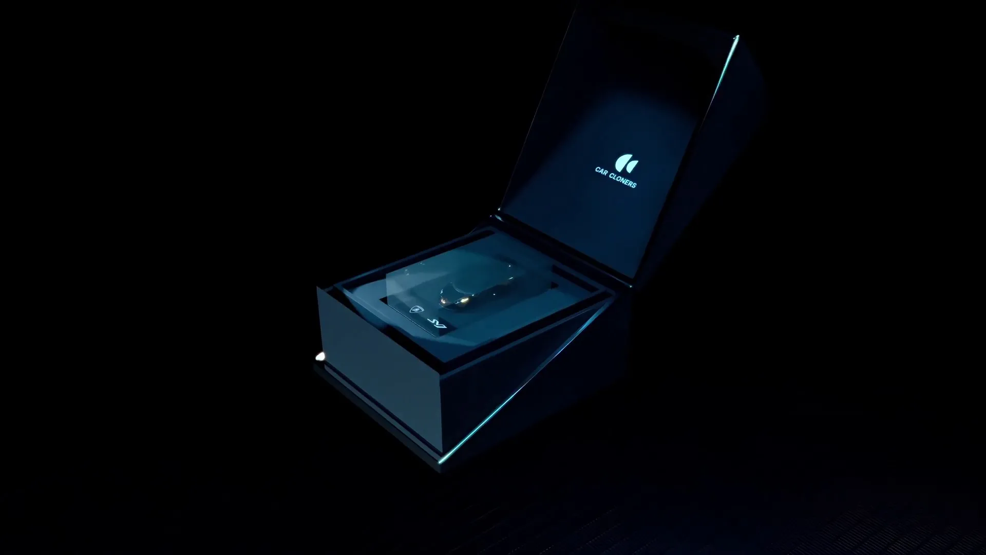 The finished car miniature in its open display box.