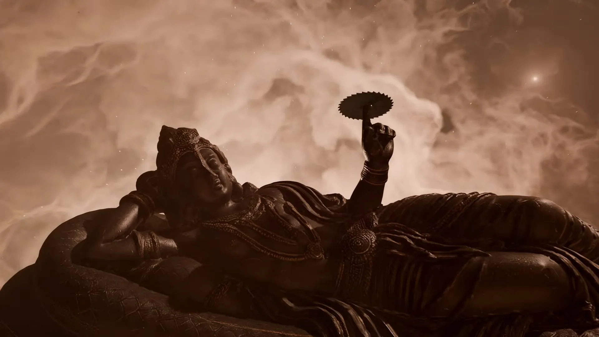 Vishnu resting on the coils of Shesha under a smoky sky, the opening of the Samudra Manthan.