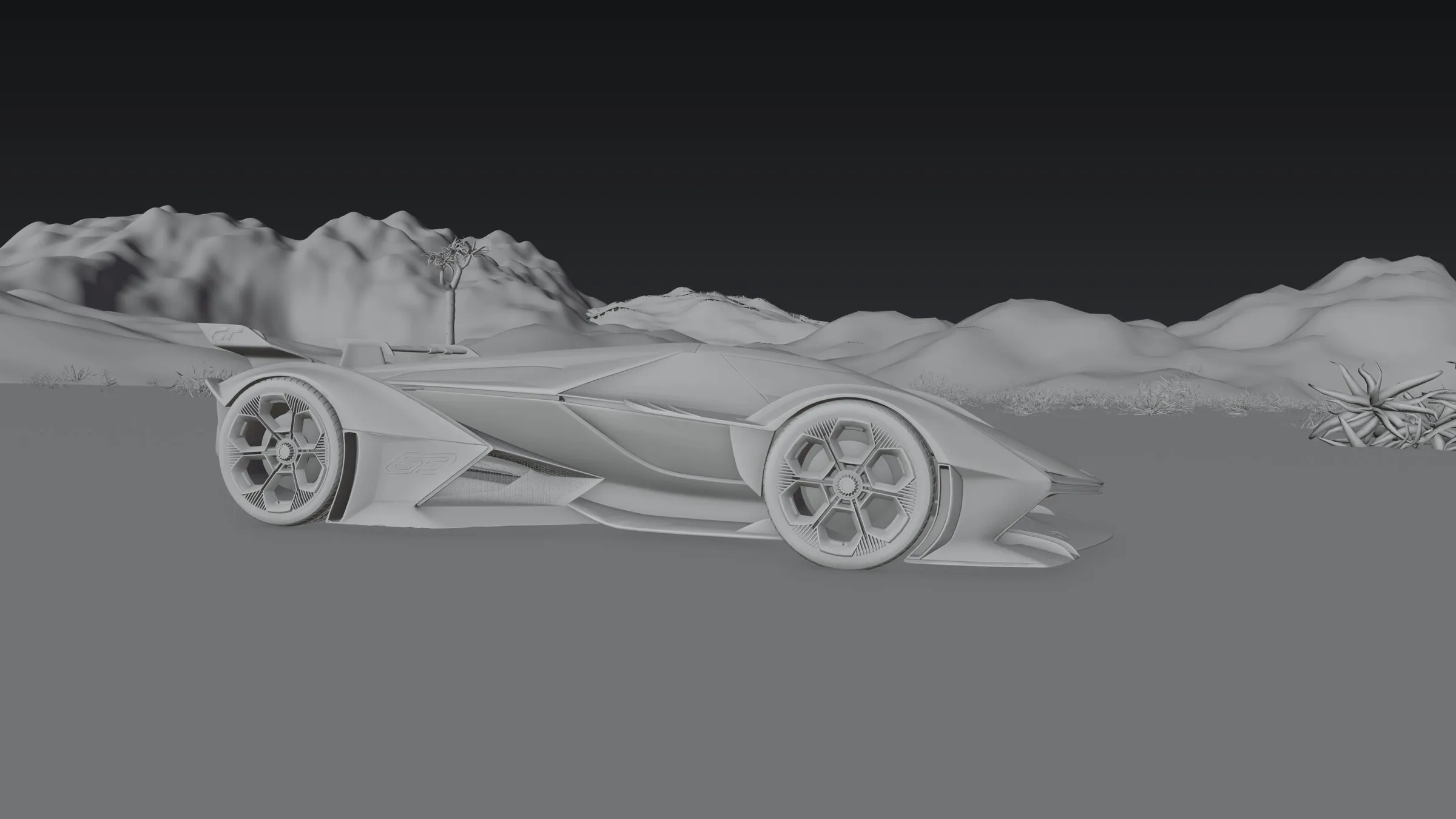 The side shot as a greyscale clay render.