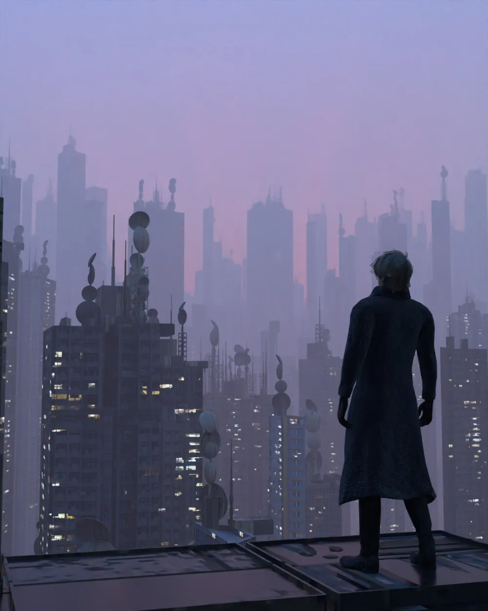 A silhouetted man in a long coat with glowing pink lines stands on a rooftop with his back to the viewer, facing a layered city skyline under a pink and brown gradient sky, with large Japanese lettering at the top.