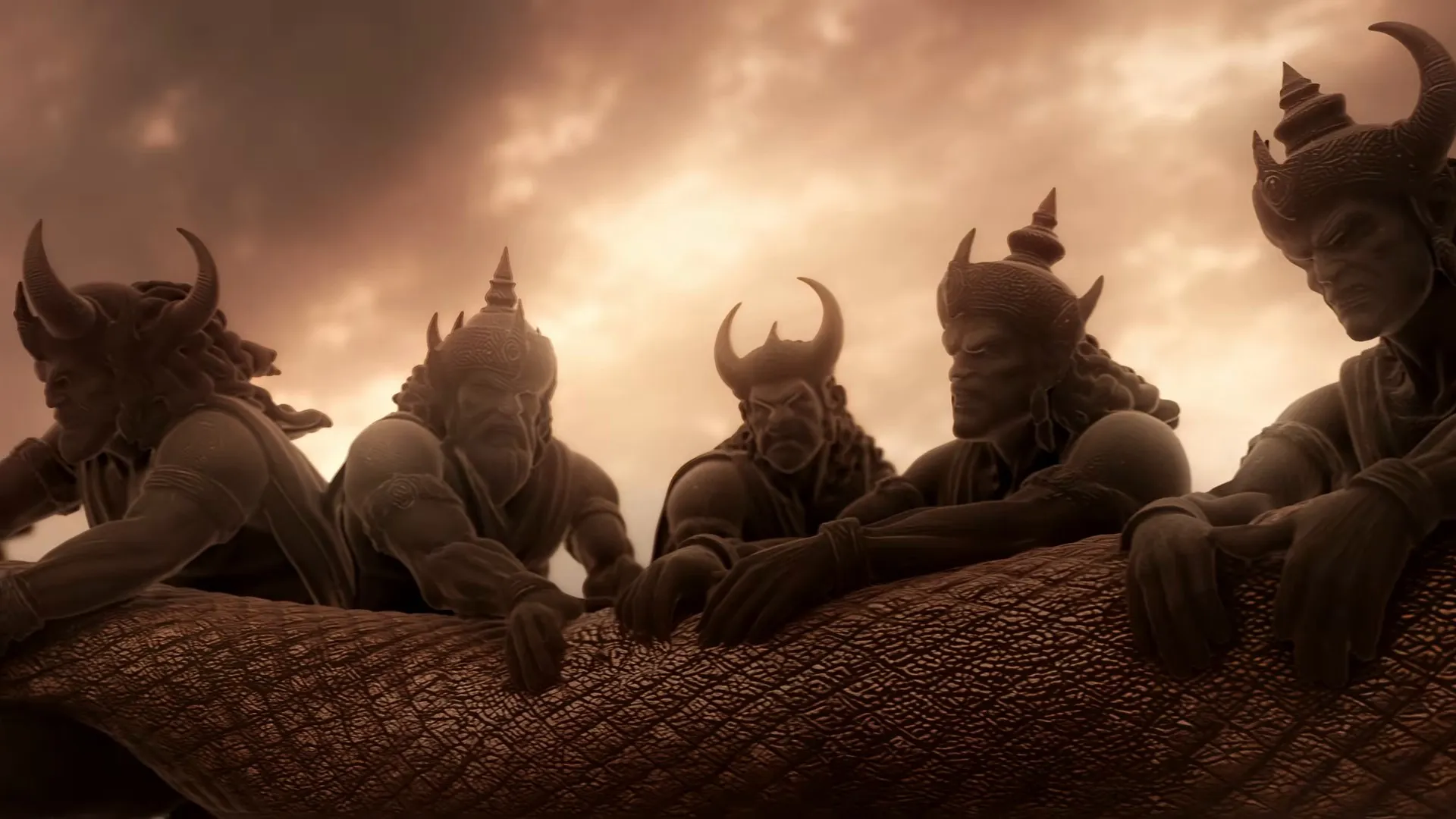 Horned Asuras hauling on the serpent Vasuki under a burning sky during the churning of the ocean.